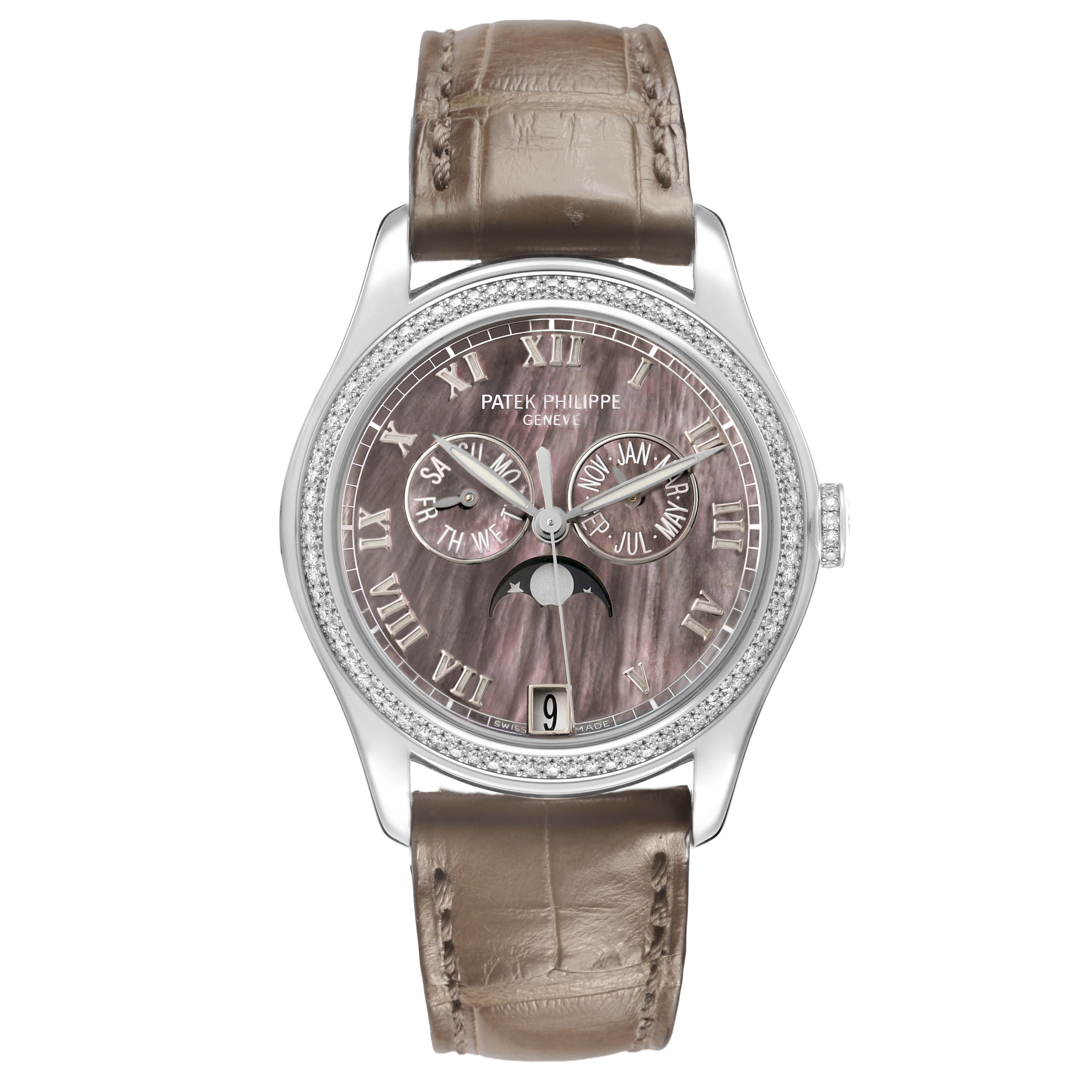 The Patek Philippe Complications 4936G - 001 Men's White Gold Mother of Pearl Dial watch is shown from a front angle, highlighting its dial, hands, and leather strap.