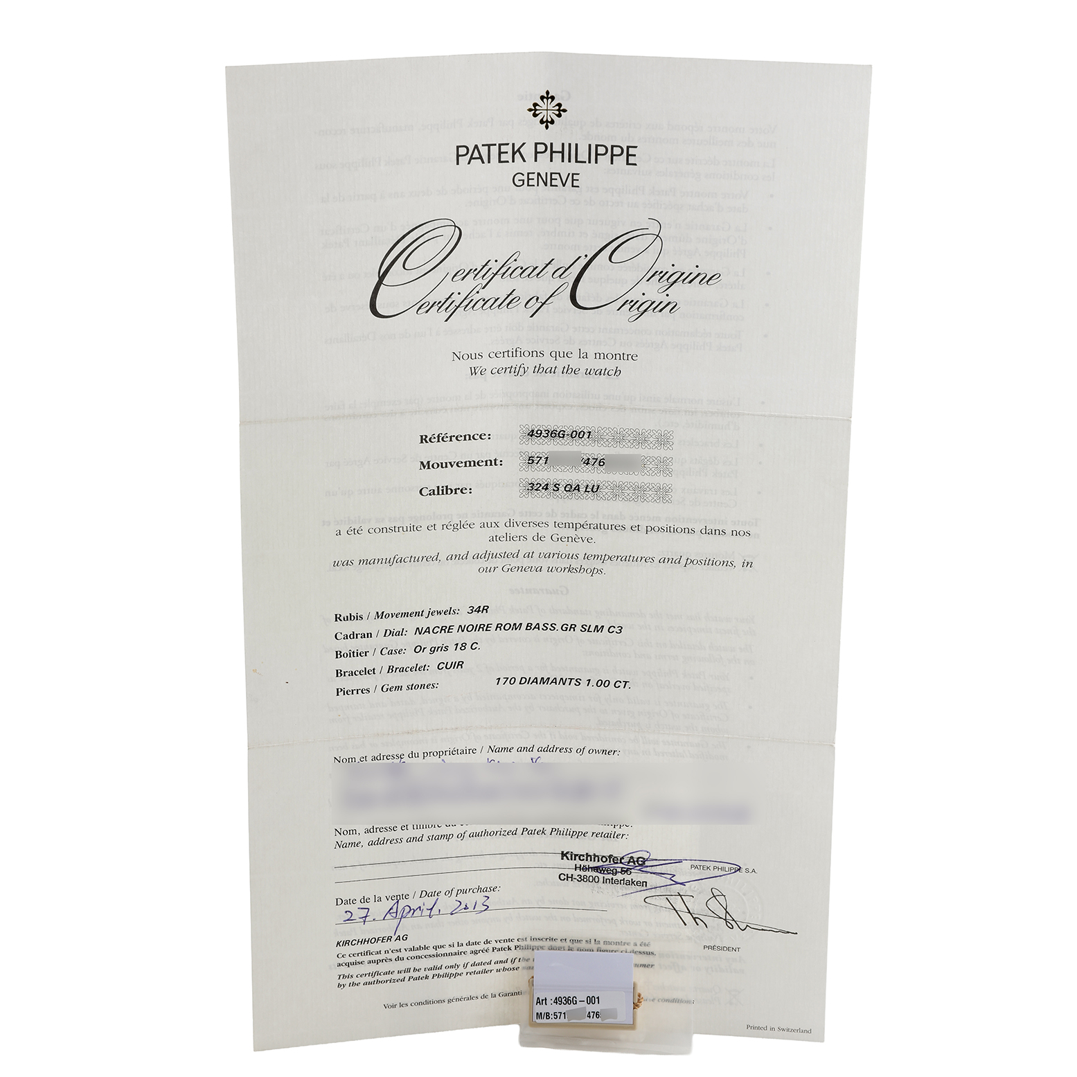 This image shows a certificate of origin for the Patek Philippe Complications 4936G - 001 Men's White Gold Mother of Pearl Dial model, detailing specifications and authenticity.