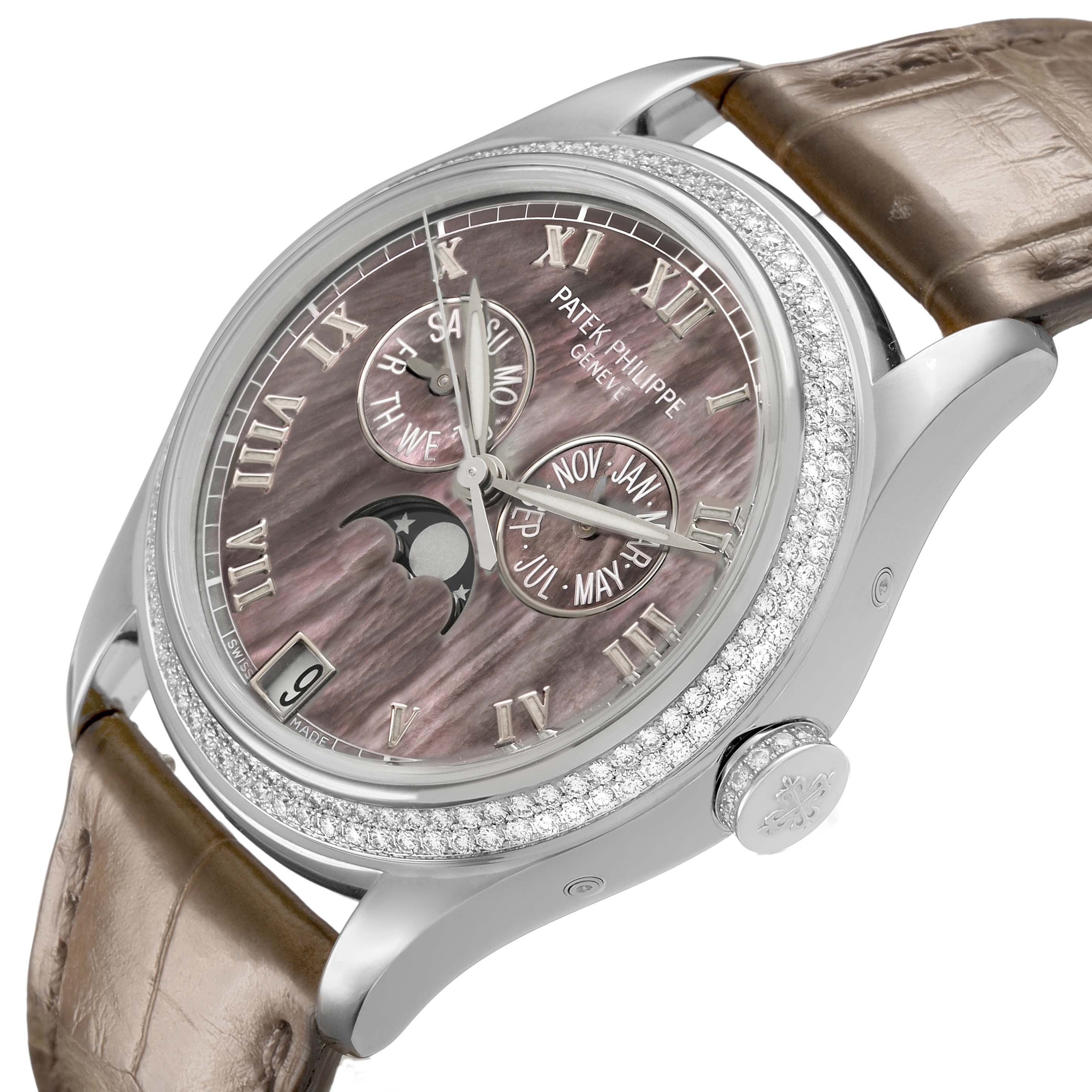 The Patek Philippe Complications 4936G - 001 Men's White Gold Mother of Pearl Dial watch is shown at an angled side view highlighting the dial, bezel, crown, and strap.