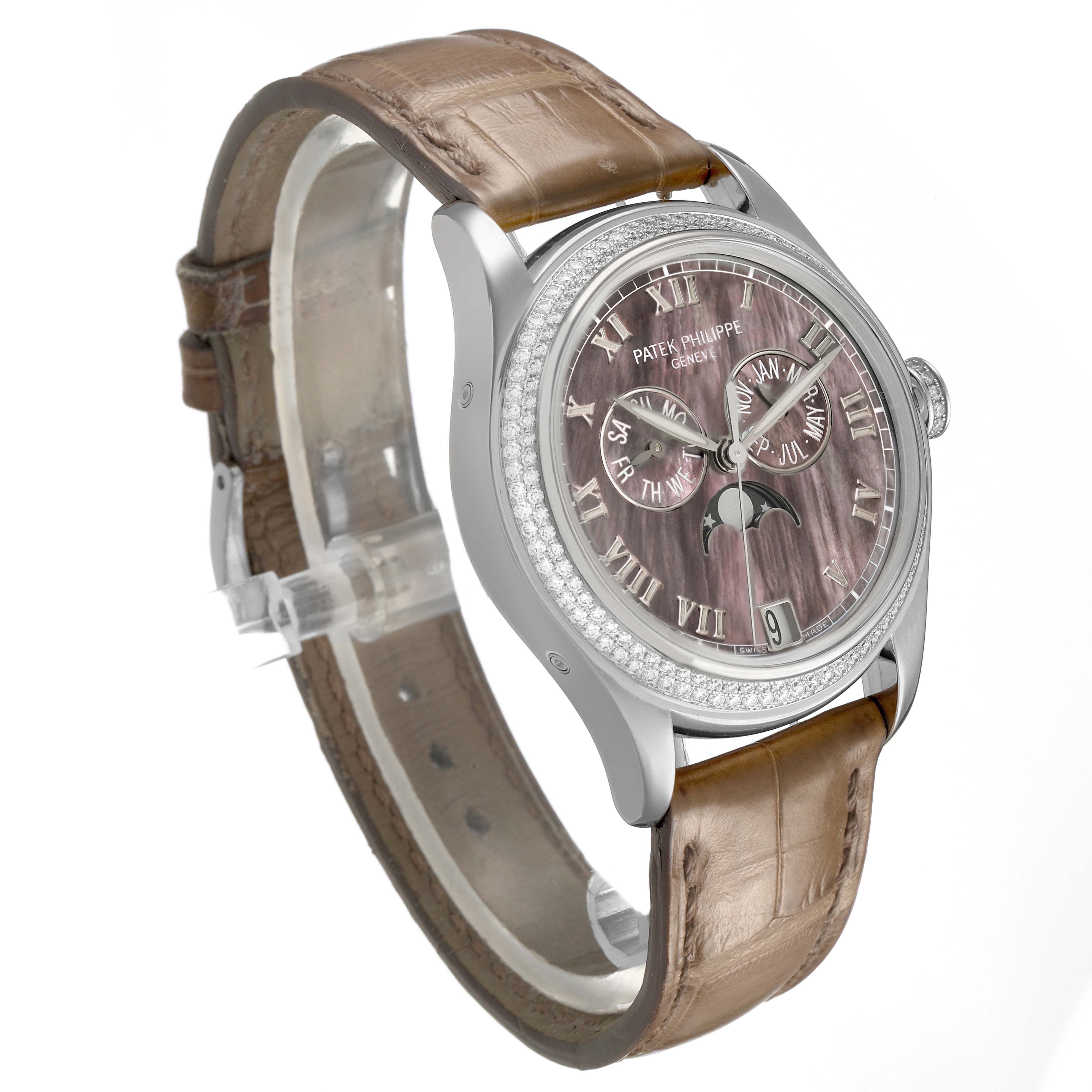 The Patek Philippe Complications 4936G - 001 Men's White Gold Mother of Pearl Dial model is shown at a three-quarter angle, highlighting its face, bezel, and brown leather strap.