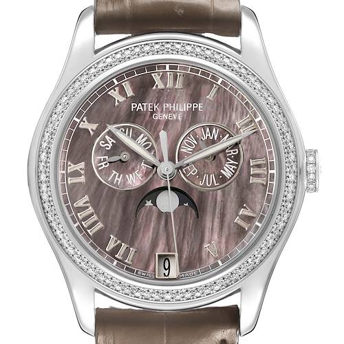 The Patek Philippe Complications 4936G - 001 Men's White Gold Mother of Pearl Dial watch is shown from the front, displaying the dial, hands, sub-dials, and bezel.