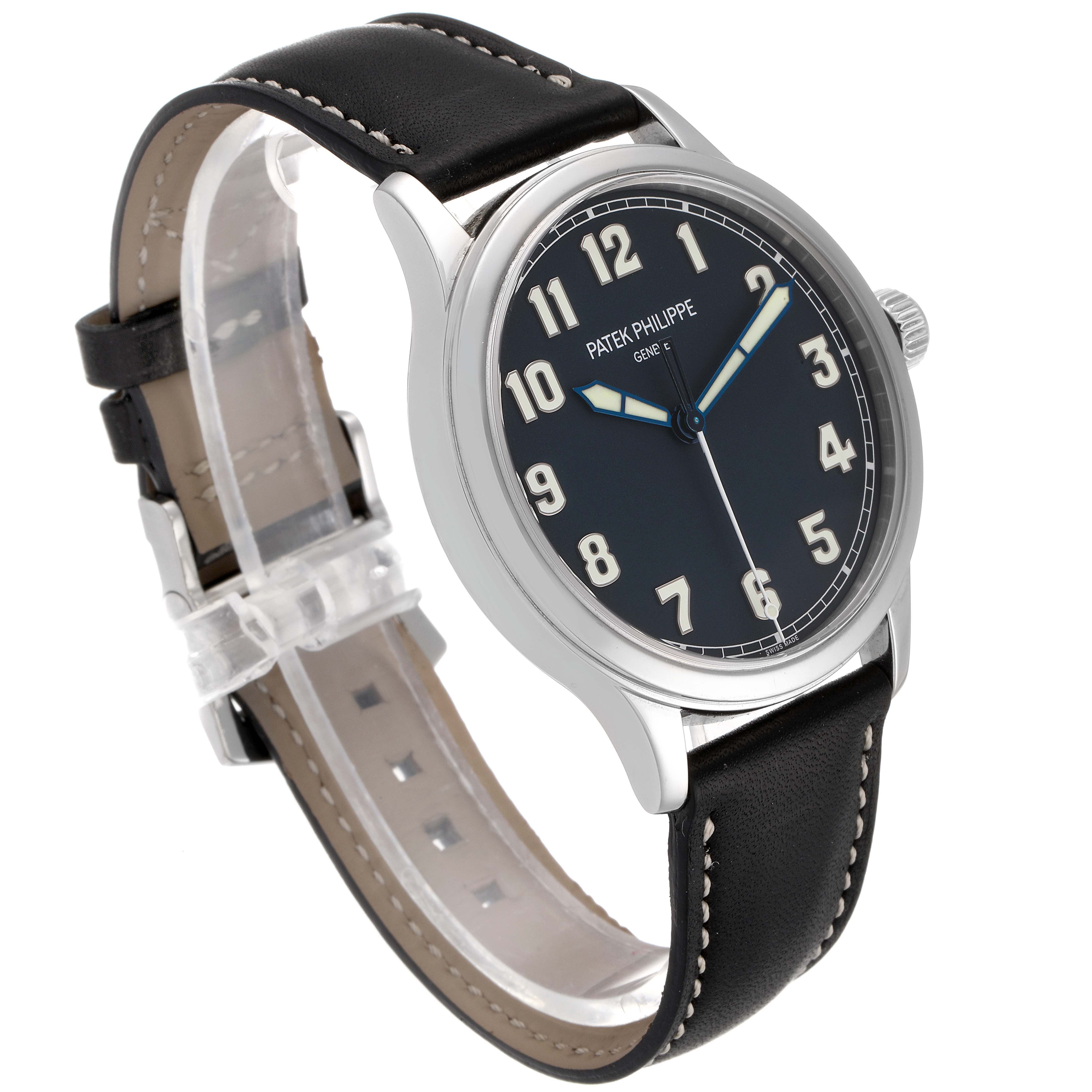 The image shows a side angle of the Patek Philippe Calatrava 5522A - 001 Men's Stainless Steel Blue Dial 5522A - 001 Men's Stainless Steel Blue Dial watch, displaying the face, case, and leather strap.