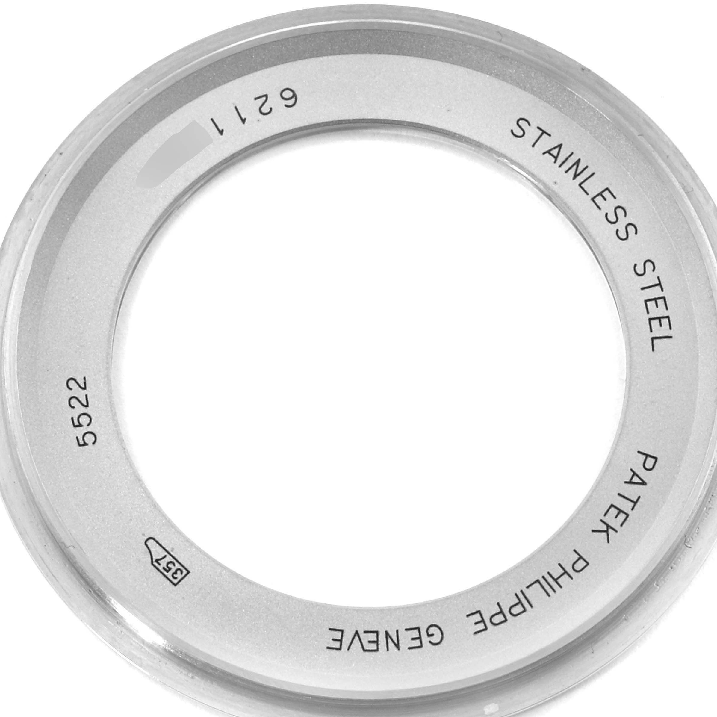 This image shows the stainless steel case back of a Patek Philippe Calatrava 5522A - 001 Men's Stainless Steel Blue Dial 5522A - 001 Men's Stainless Steel Blue Dial model 5522 watch.