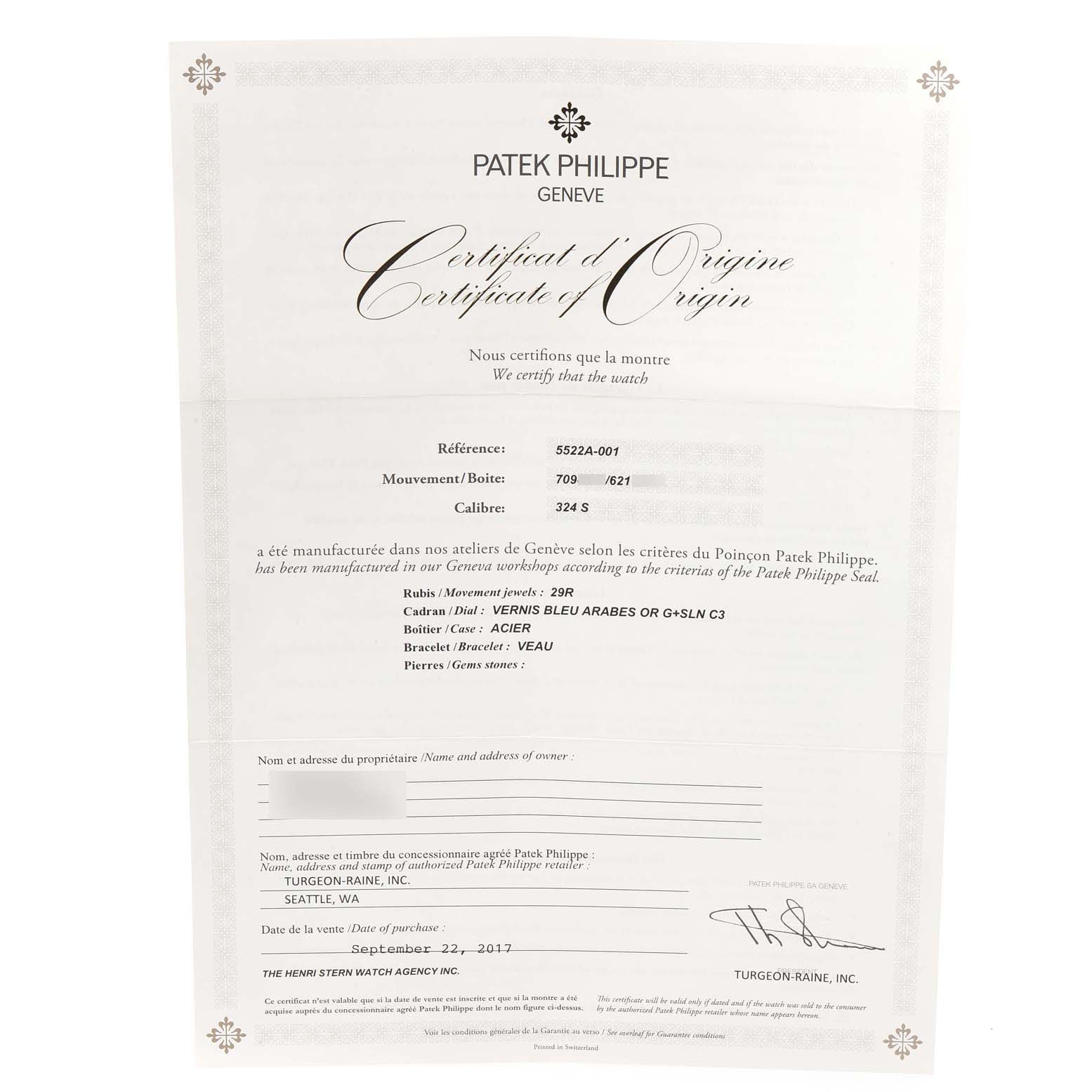 The image shows the Certificate of Origin for a Patek Philippe Calatrava 5522A - 001 Men's Stainless Steel Blue Dial 5522A - 001 Men's Stainless Steel Blue Dial model watch.