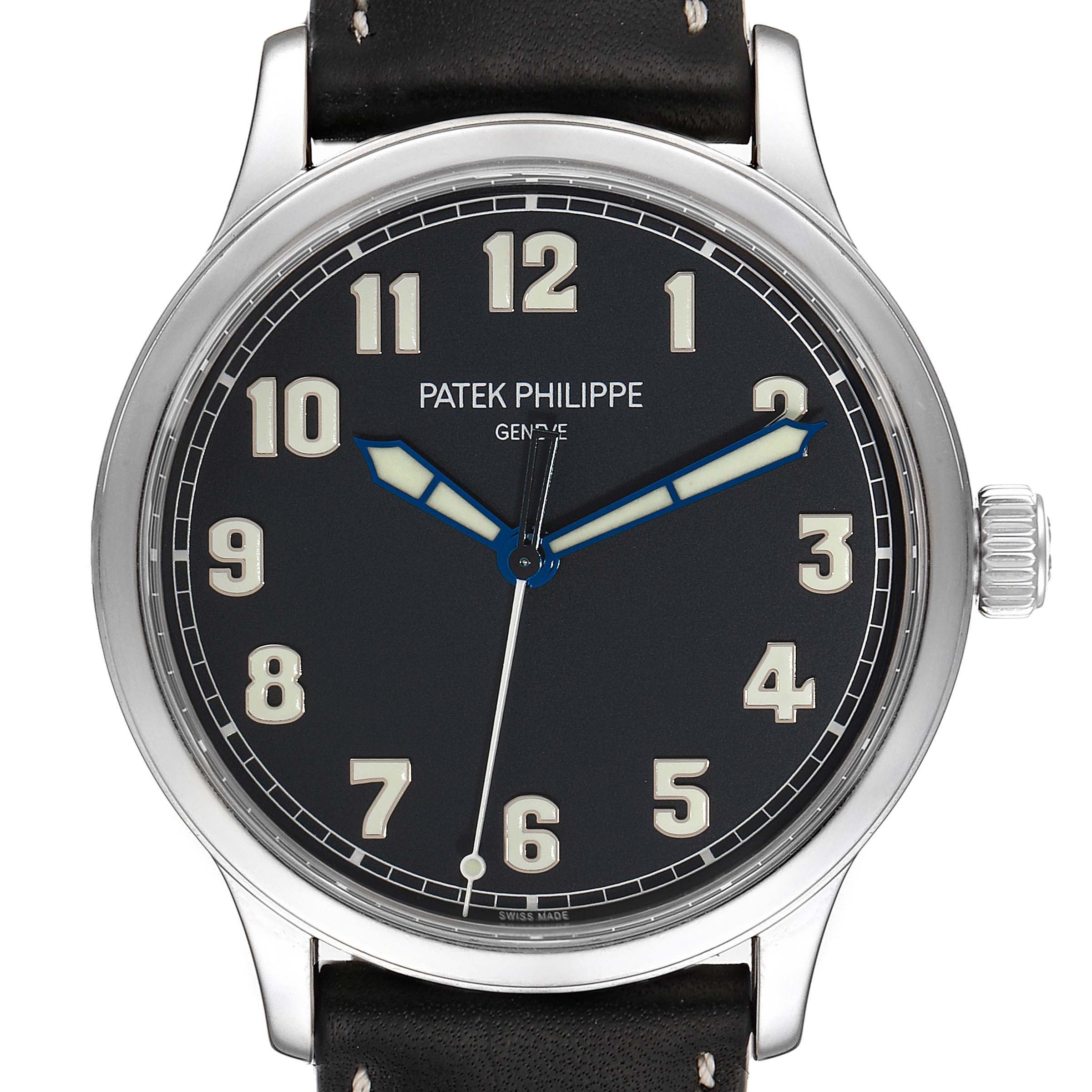 This image shows a front view of a Patek Philippe Calatrava 5522A - 001 Men's Stainless Steel Blue Dial 5522A - 001 Men's Stainless Steel Blue Dial watch, featuring the dial and a portion of the strap.