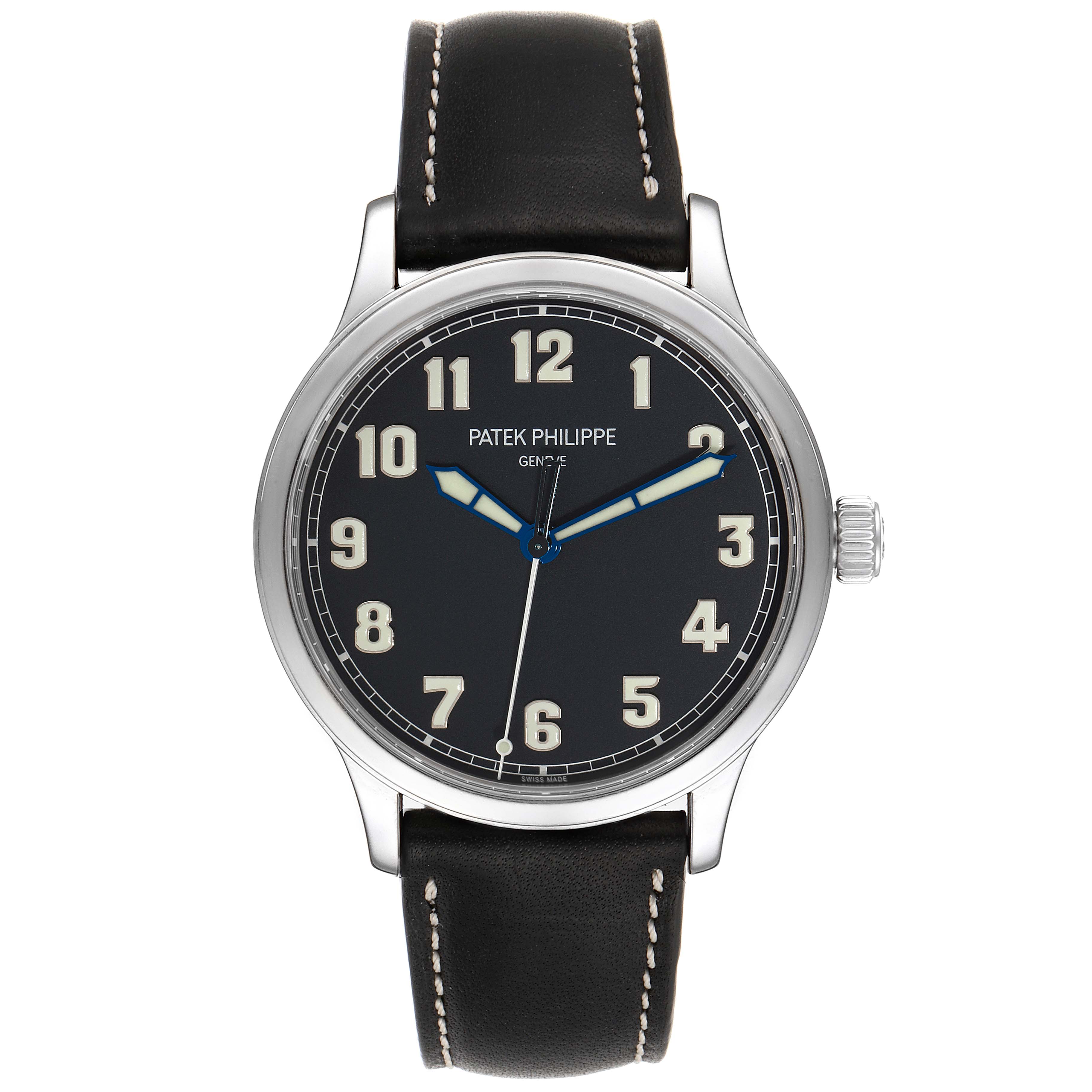 The image shows a front view of a Patek Philippe Calatrava 5522A - 001 Men's Stainless Steel Blue Dial 5522A - 001 Men's Stainless Steel Blue Dial watch, displaying the face, hands, numerals, and leather strap.