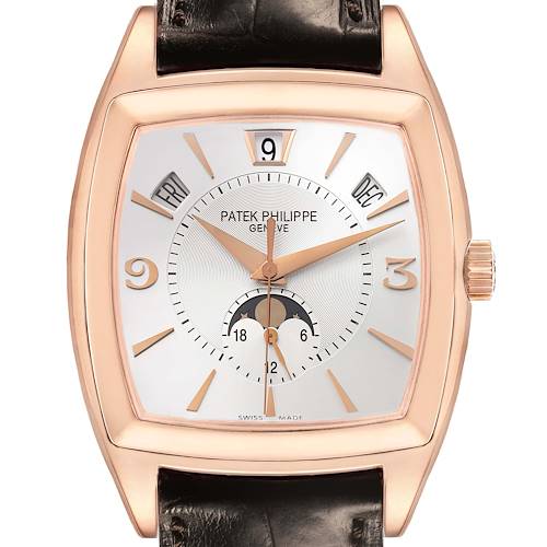 The Patek Philippe Gondolo 5135R-001 Men's Rose Gold Silver Dial watch is shown from a front angle, highlighting its face, crown, and strap attachment.