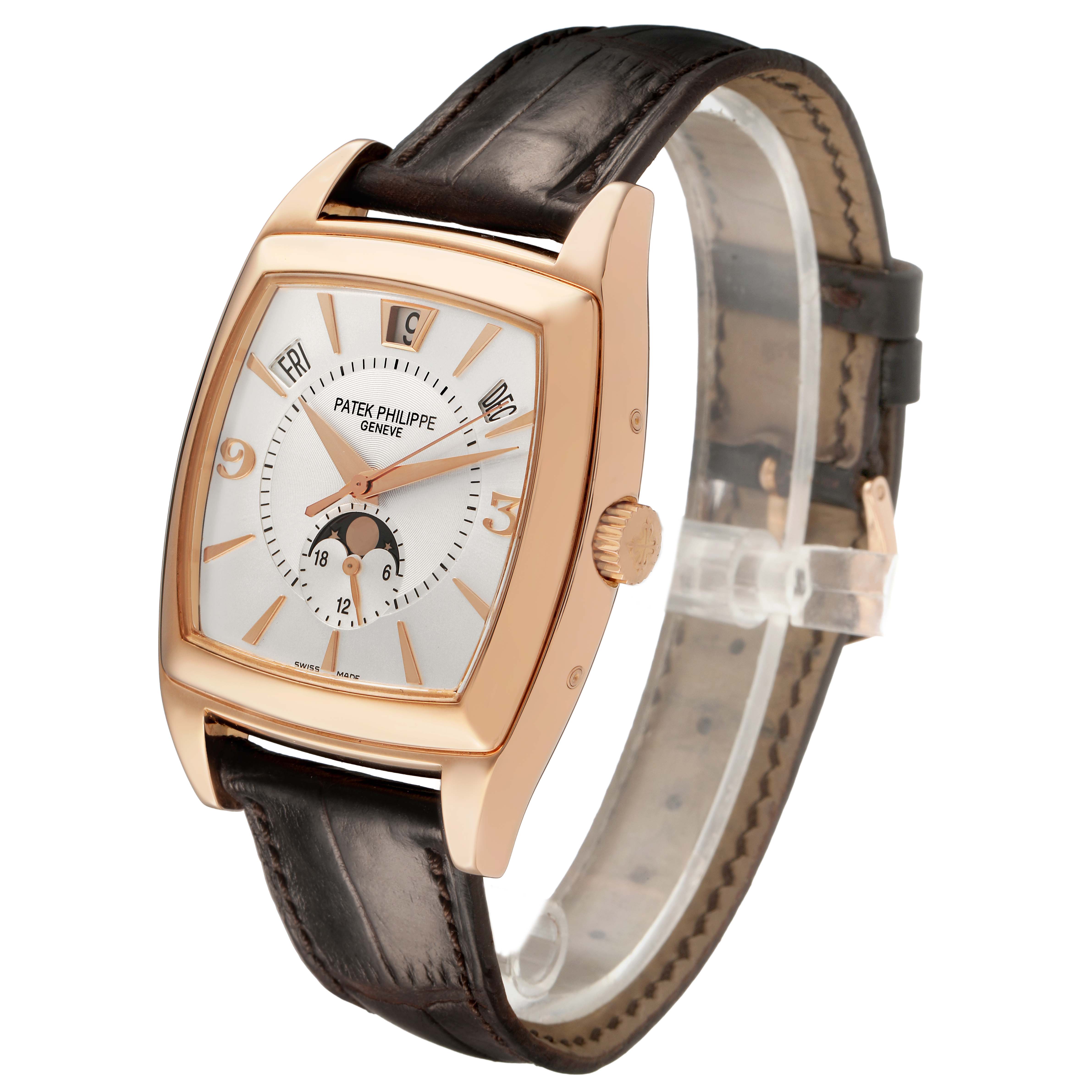 The Patek Philippe Gondolo 5135R-001 Men's Rose Gold Silver Dial watch is shown at a three-quarter angle, displaying the dial, hands, crown, and strap.