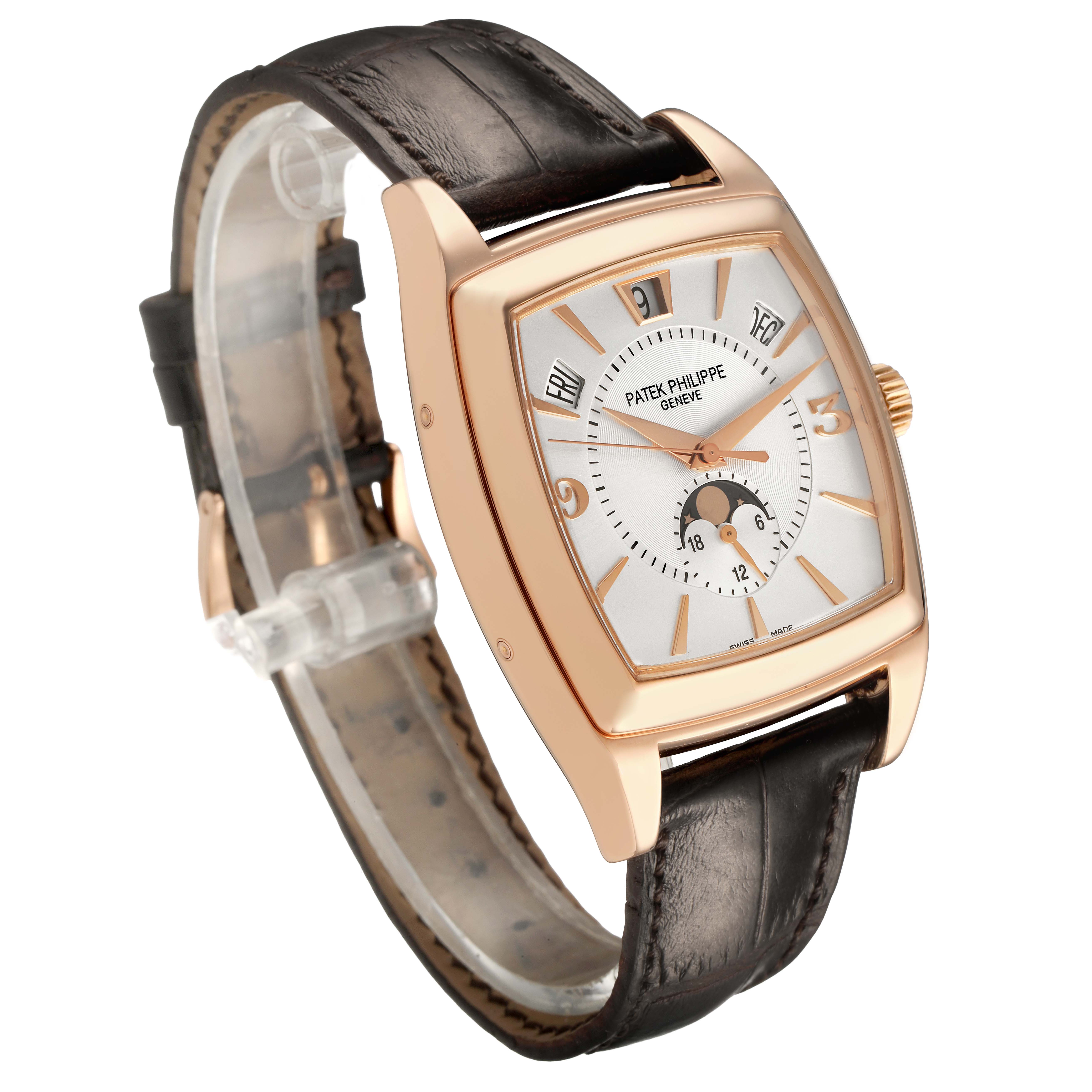 The Patek Philippe Gondolo 5135R-001 Men's Rose Gold Silver Dial watch is shown at an oblique angle, highlighting the dial, case, crown, and leather strap.