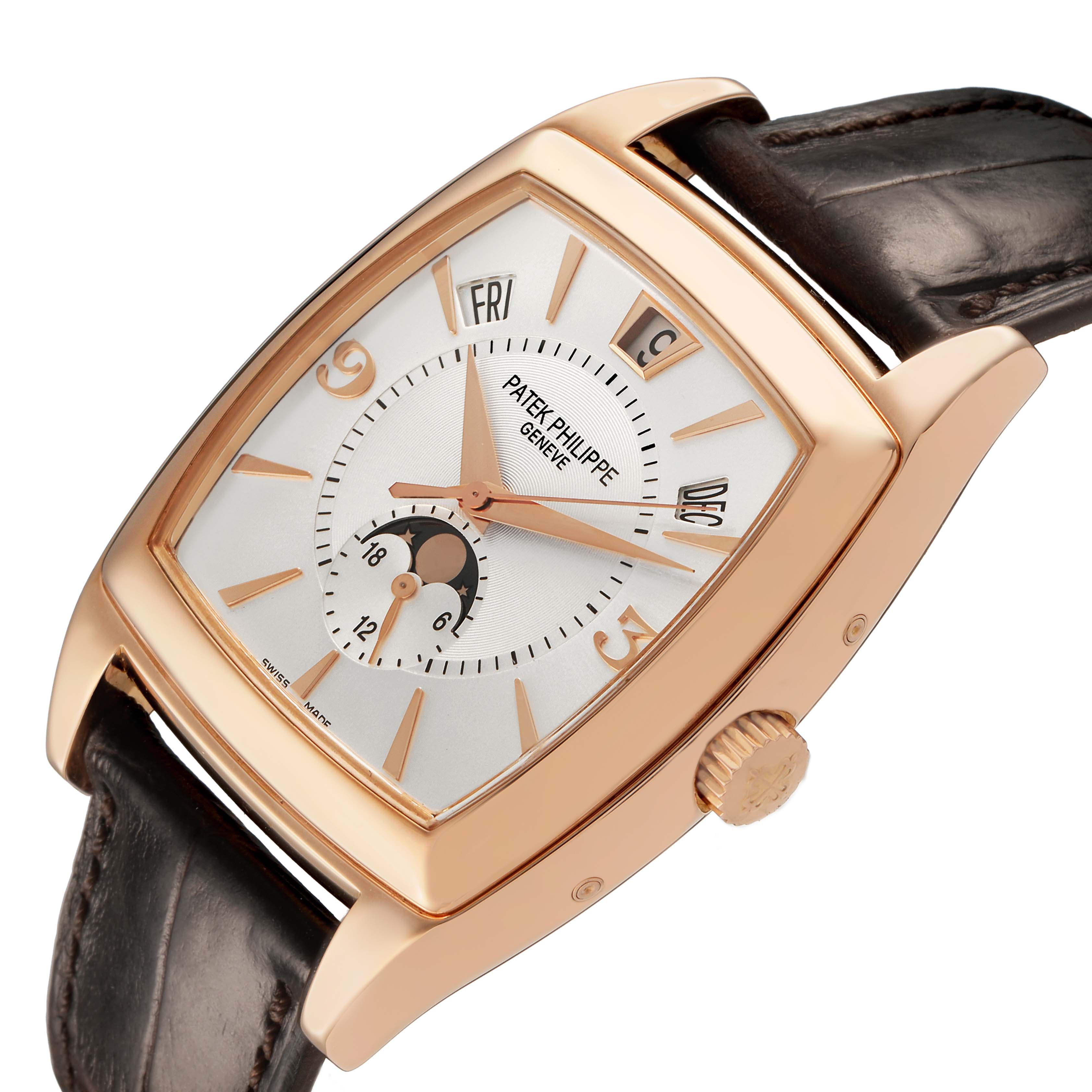 The image shows a Patek Philippe Gondolo 5135R-001 Men's Rose Gold Silver Dial watch at a slightly angled side view, highlighting its rectangular gold case, dial, and leather strap.