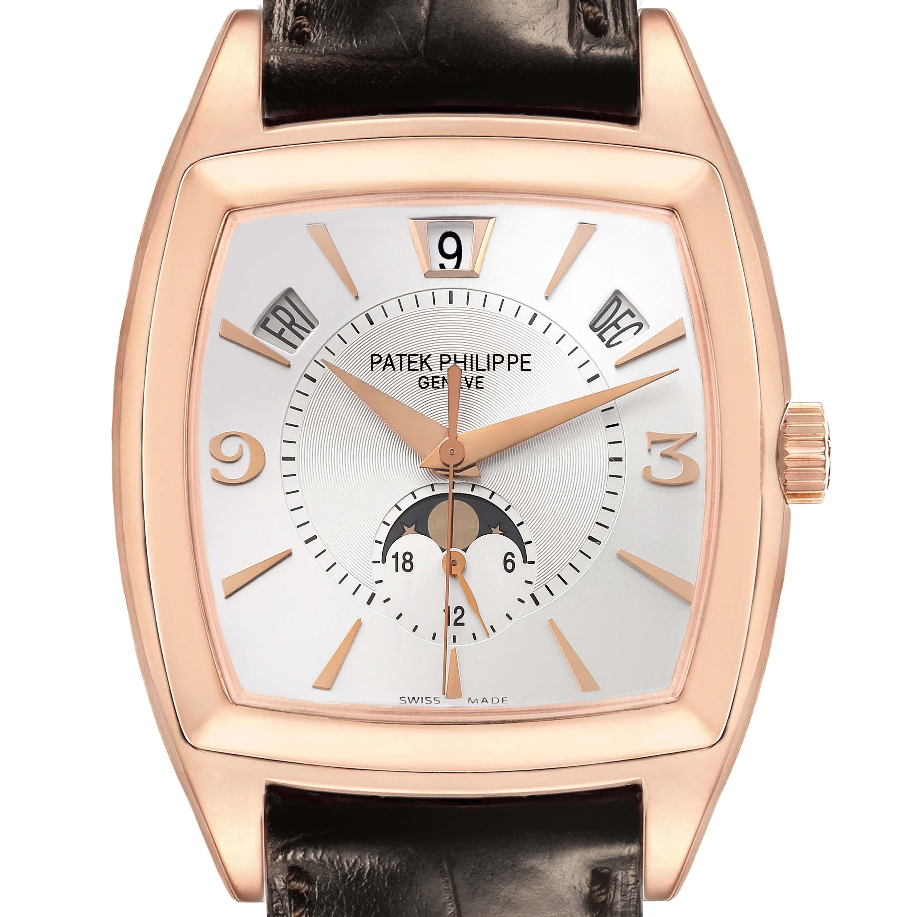 The Patek Philippe Gondolo 5135R-001 Men's Rose Gold Silver Dial watch is shown from a front angle, highlighting the dial, hands, and crown, with a leather strap.