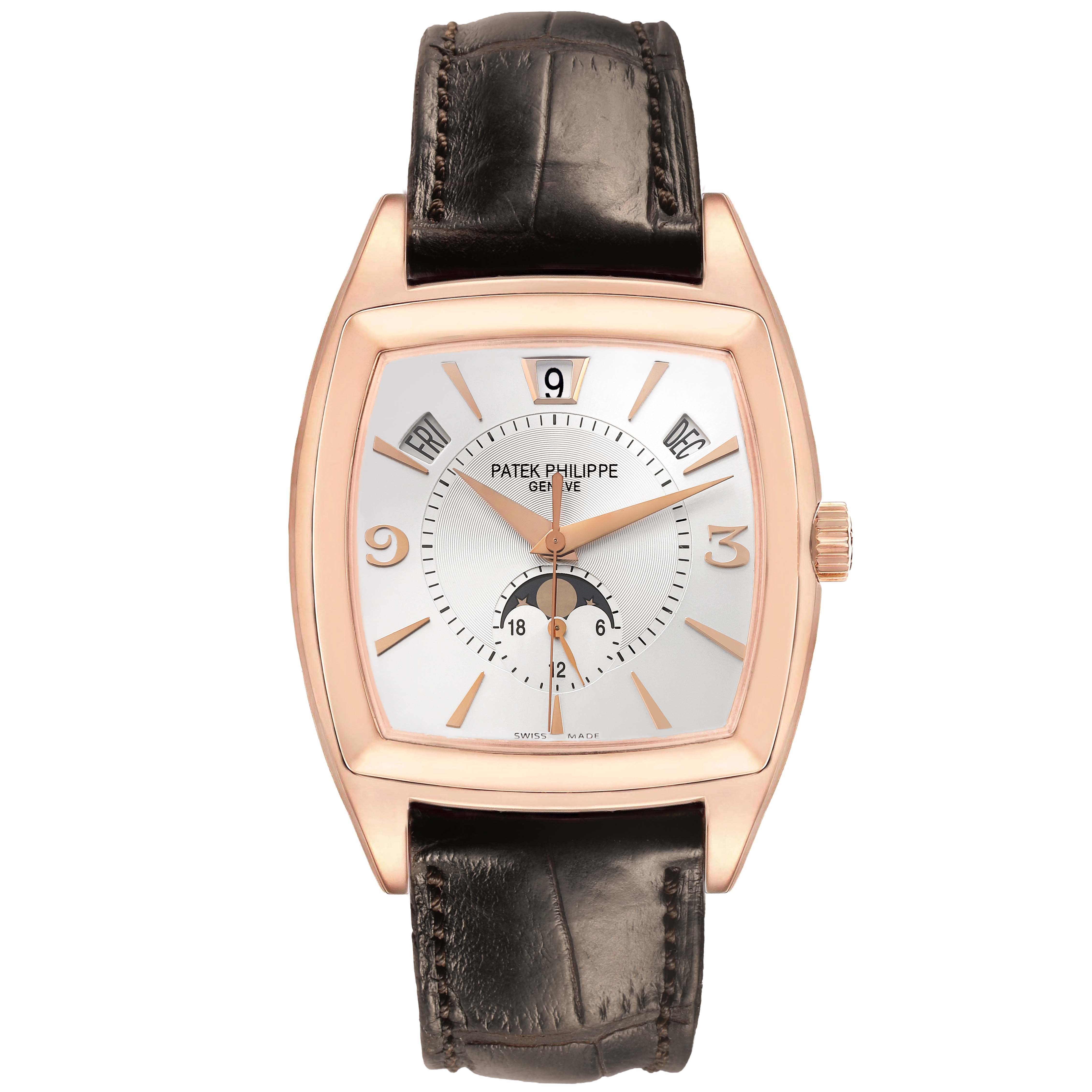 The Patek Philippe Gondolo 5135R-001 Men's Rose Gold Silver Dial watch is shown from a top-down angle, displaying its face, case, strap, and crown.