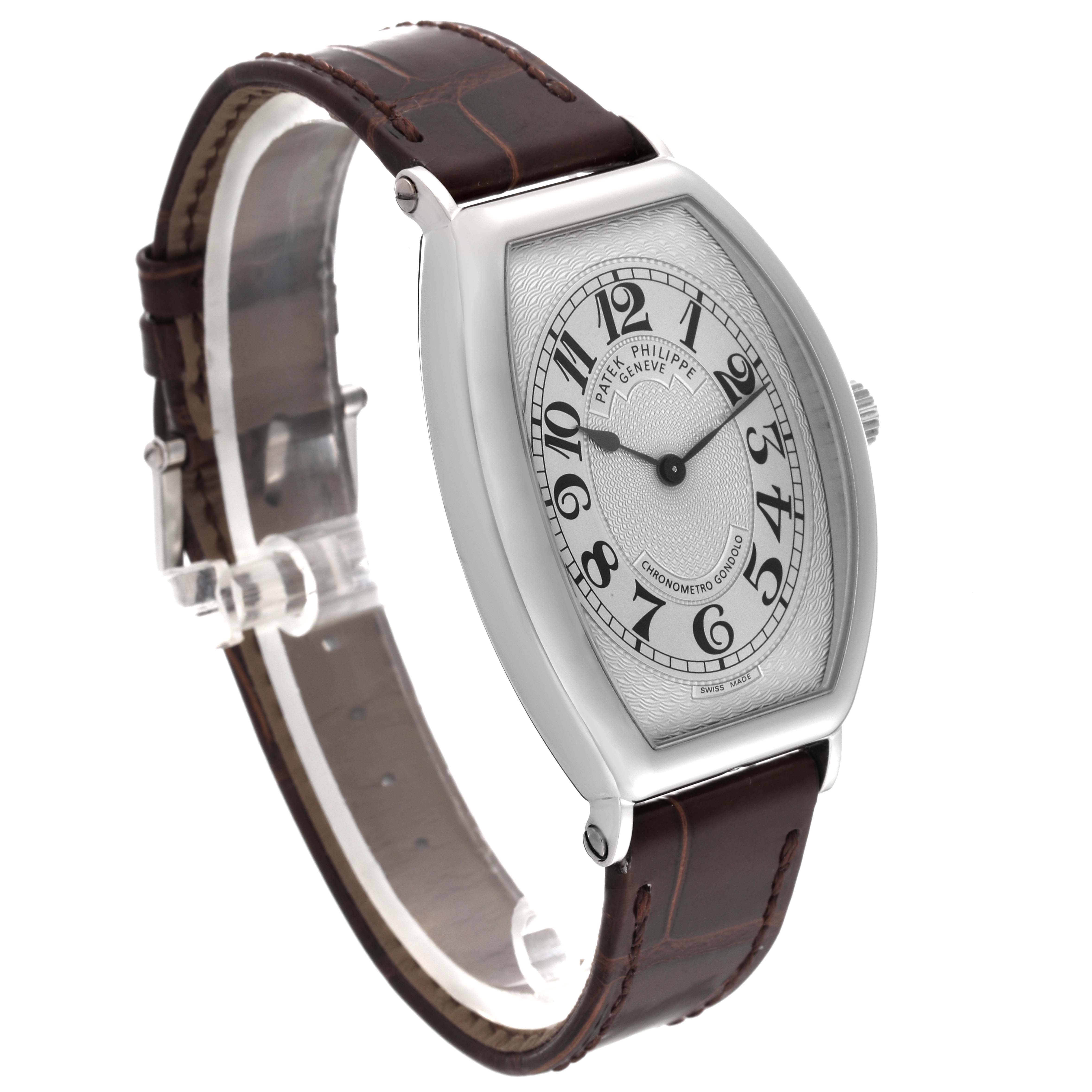 The image shows a Patek Philippe Gondolo 5098P-001 Men's Platinum Silver Dial 5098P-001 Men's Platinum Silver Dial watch at a slight side angle, highlighting the face, bezel, and leather strap.
