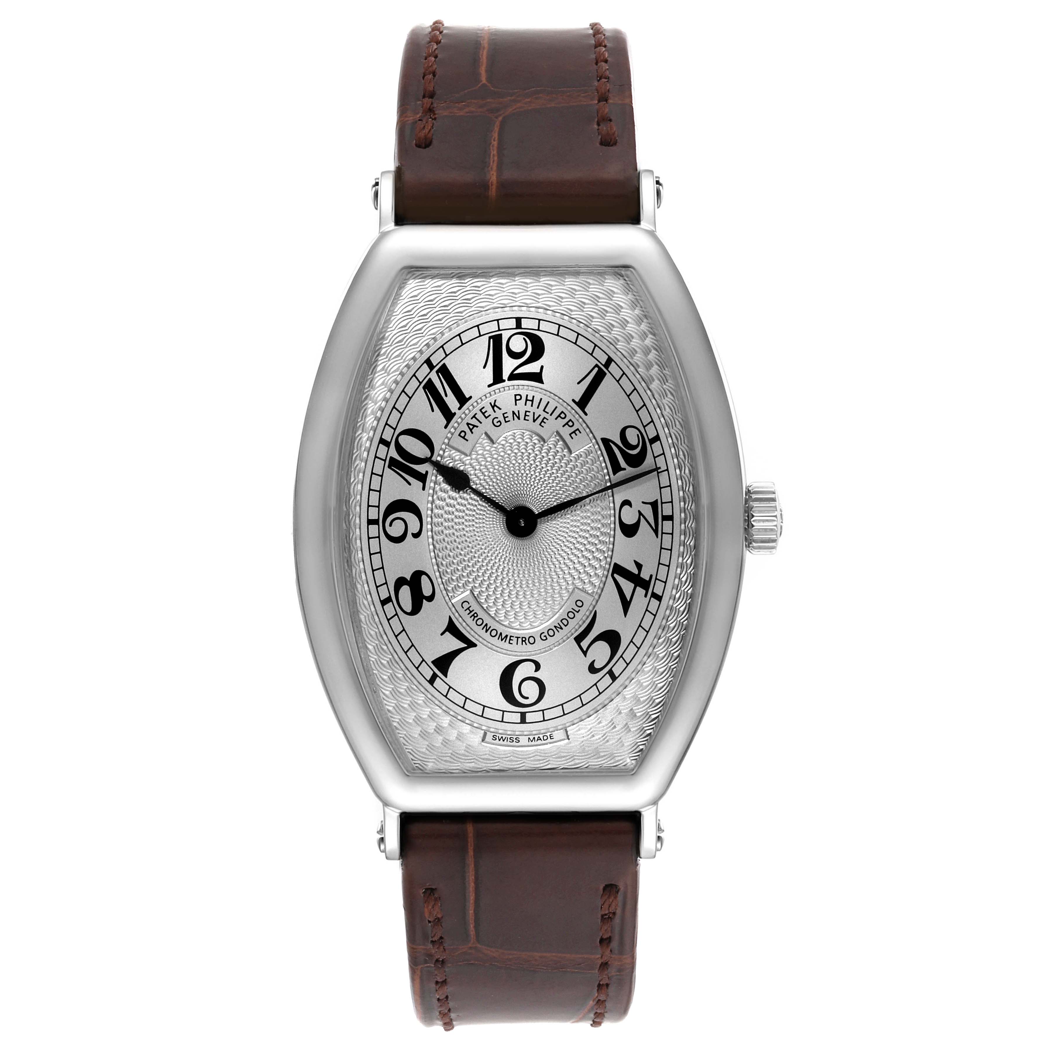 The image shows a front view of the Patek Philippe Gondolo 5098P-001 Men's Platinum Silver Dial 5098P-001 Men's Platinum Silver Dial watch, highlighting the dial, case, and leather strap.