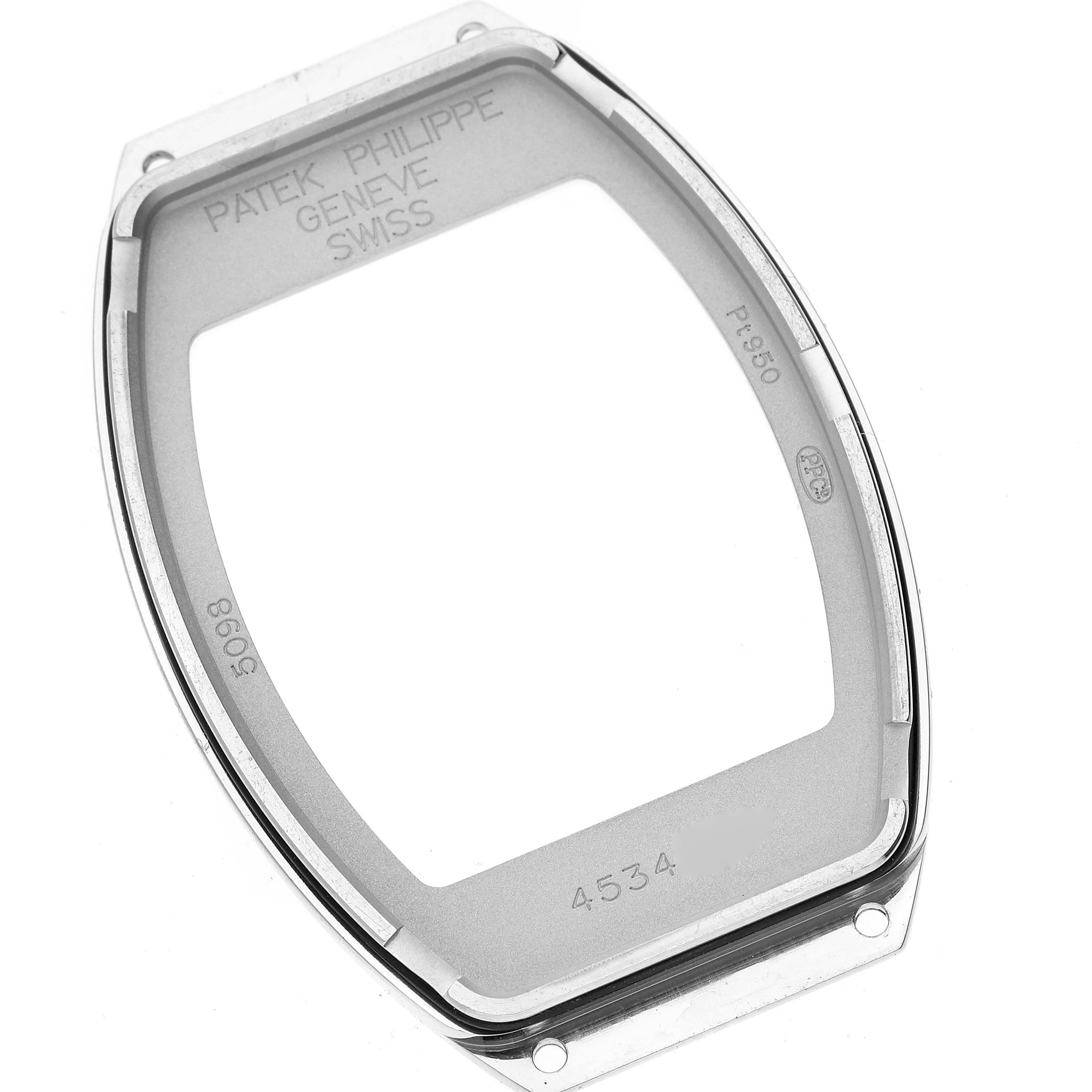 The image shows the watch case back of a Patek Philippe Gondolo 5098P-001 Men's Platinum Silver Dial 5098P-001 Men's Platinum Silver Dial model, viewed from the top angle.