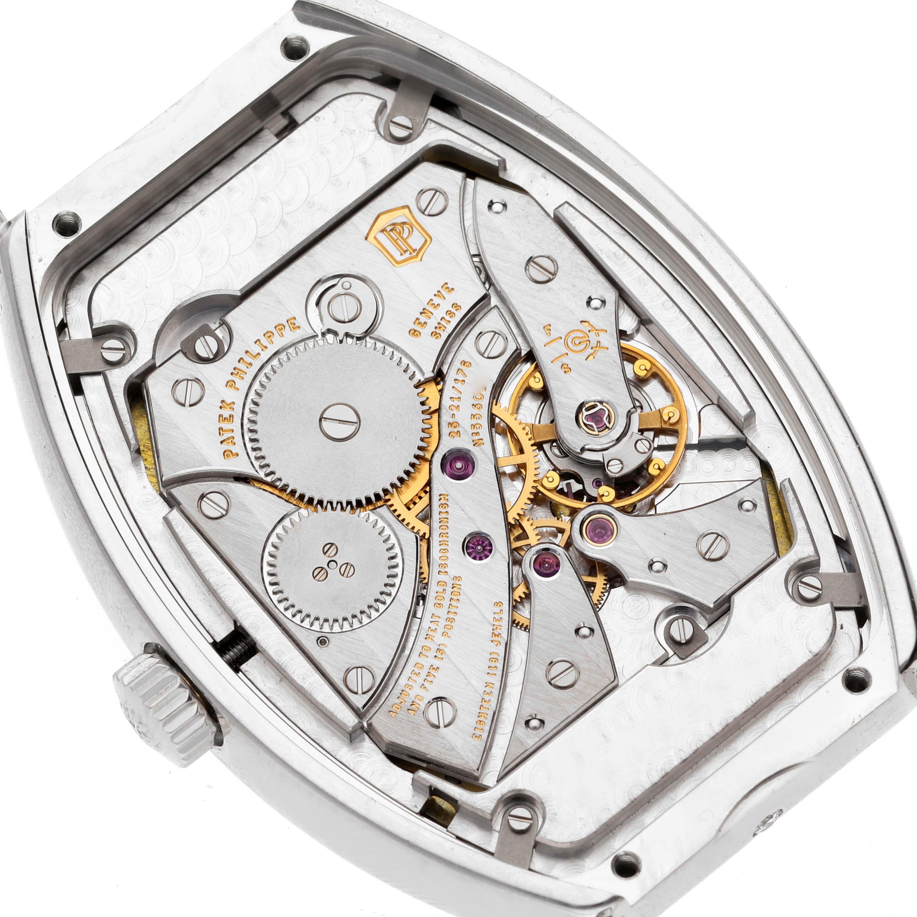 This image shows the internal mechanism and movement of the Patek Philippe Gondolo 5098P-001 Men's Platinum Silver Dial 5098P-001 Men's Platinum Silver Dial watch from a back angle.