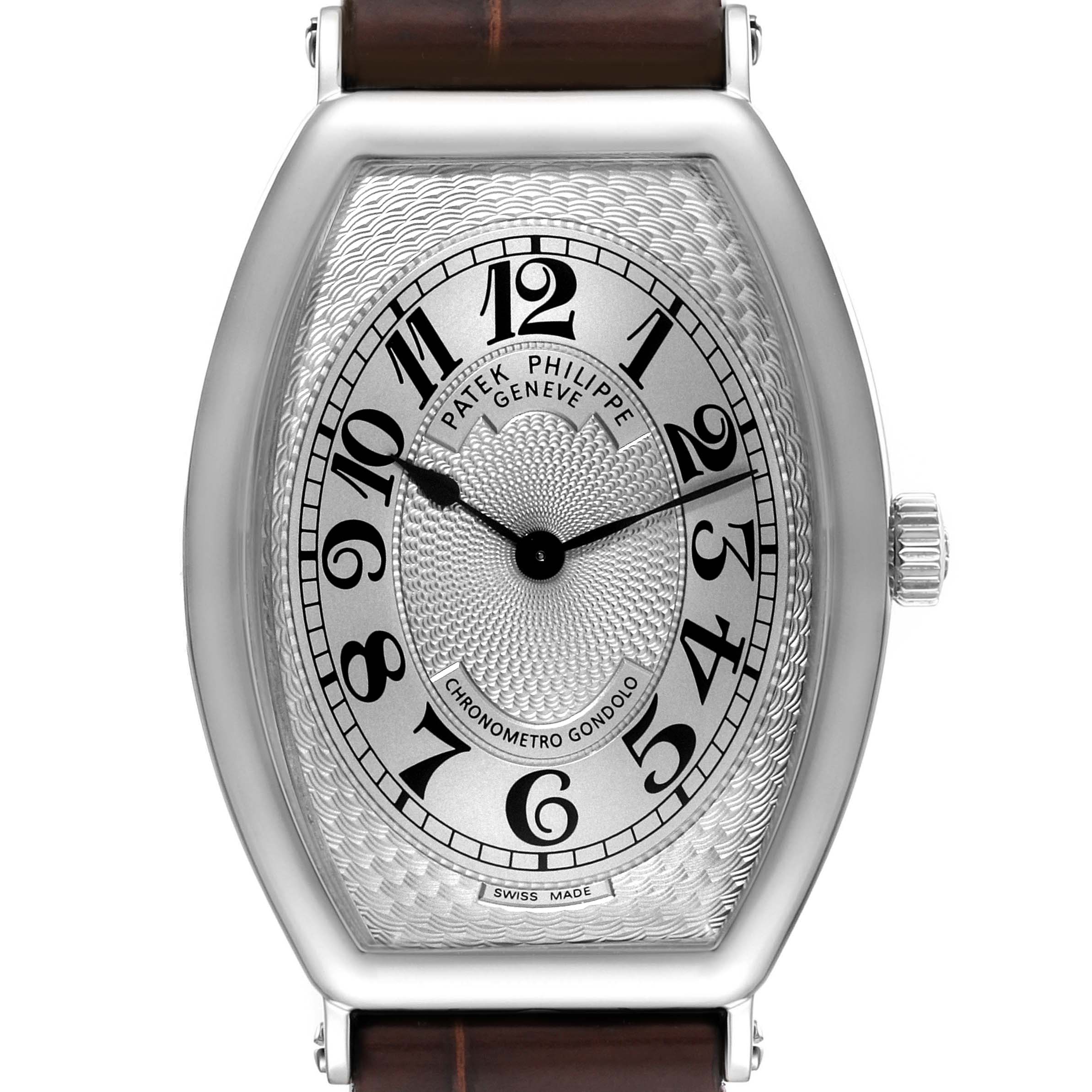The image shows a front angle view of a Patek Philippe Gondolo 5098P-001 Men's Platinum Silver Dial 5098P-001 Men's Platinum Silver Dial watch, focusing on the dial, case, and crown.