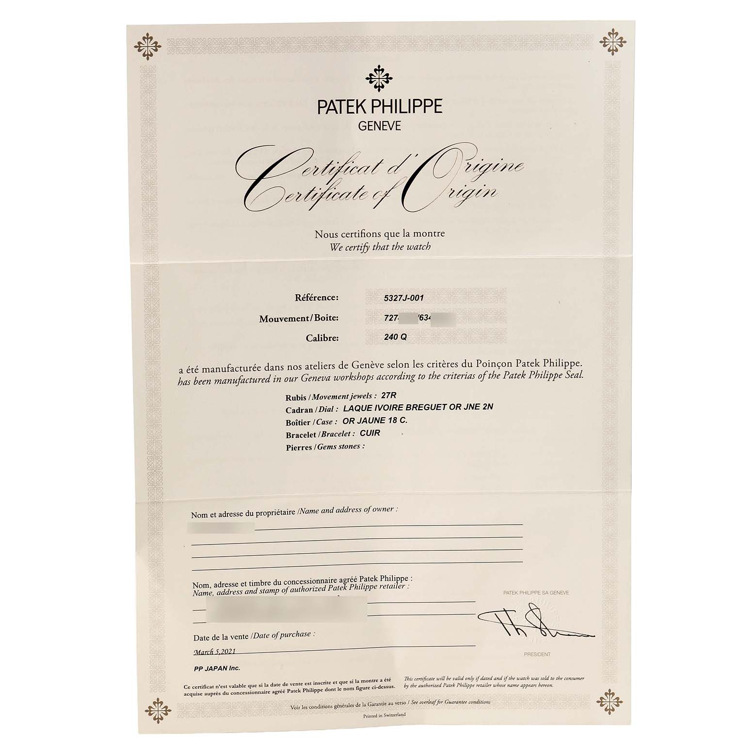 This image shows the Certificate of Origin for a Patek Philippe Complications 5327J-001 Men's Yellow Gold Beige Dial model.