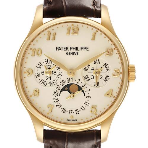 The Patek Philippe Complications 5327J-001 Men's Yellow Gold Beige Dial watch is shown from a front angle, highlighting the gold case, calendar subdials, and moon phase.