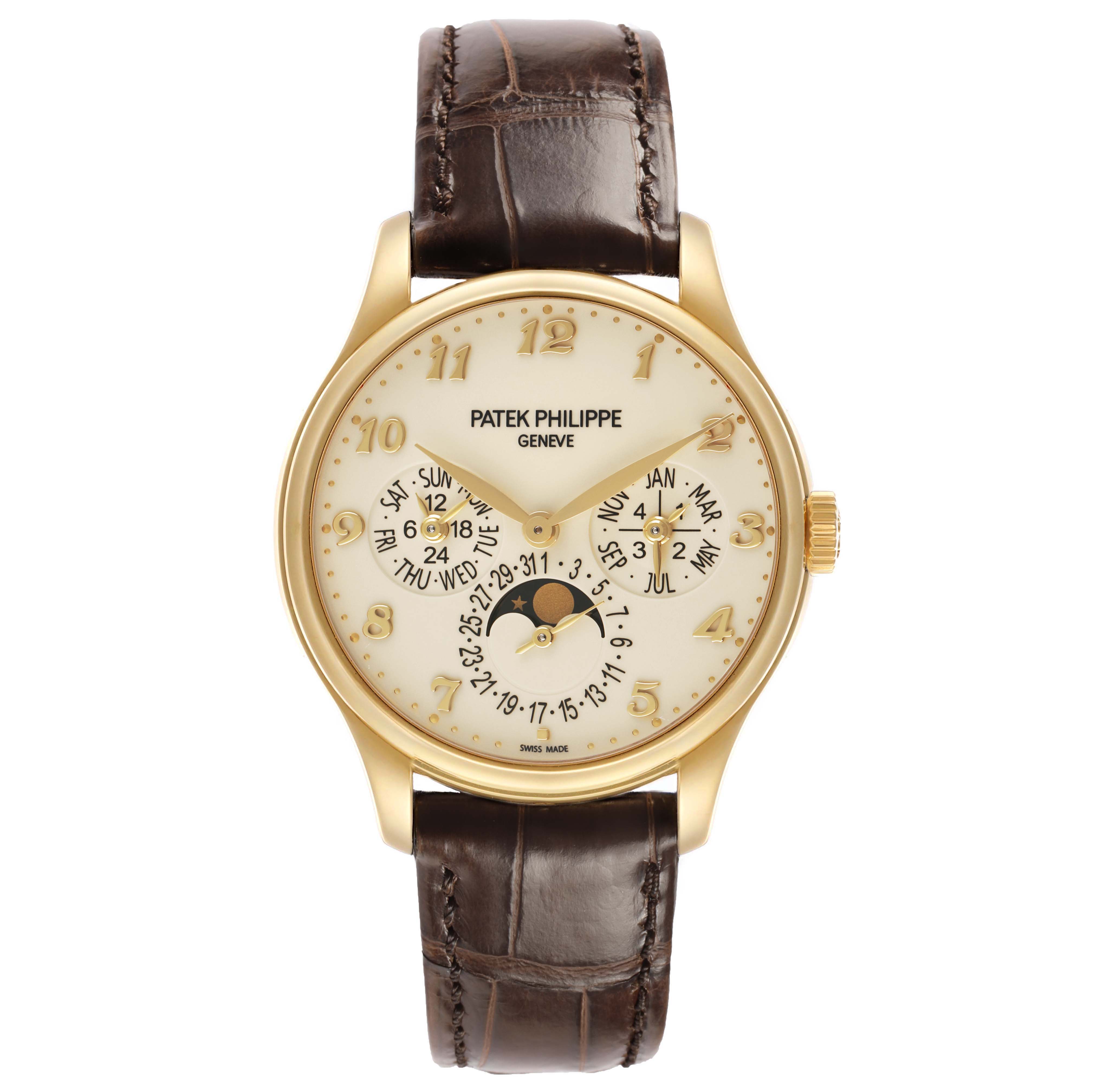 The Patek Philippe Complications 5327J-001 Men's Yellow Gold Beige Dial watch is shown from the front, displaying its face, dial, hands, and brown leather strap.
