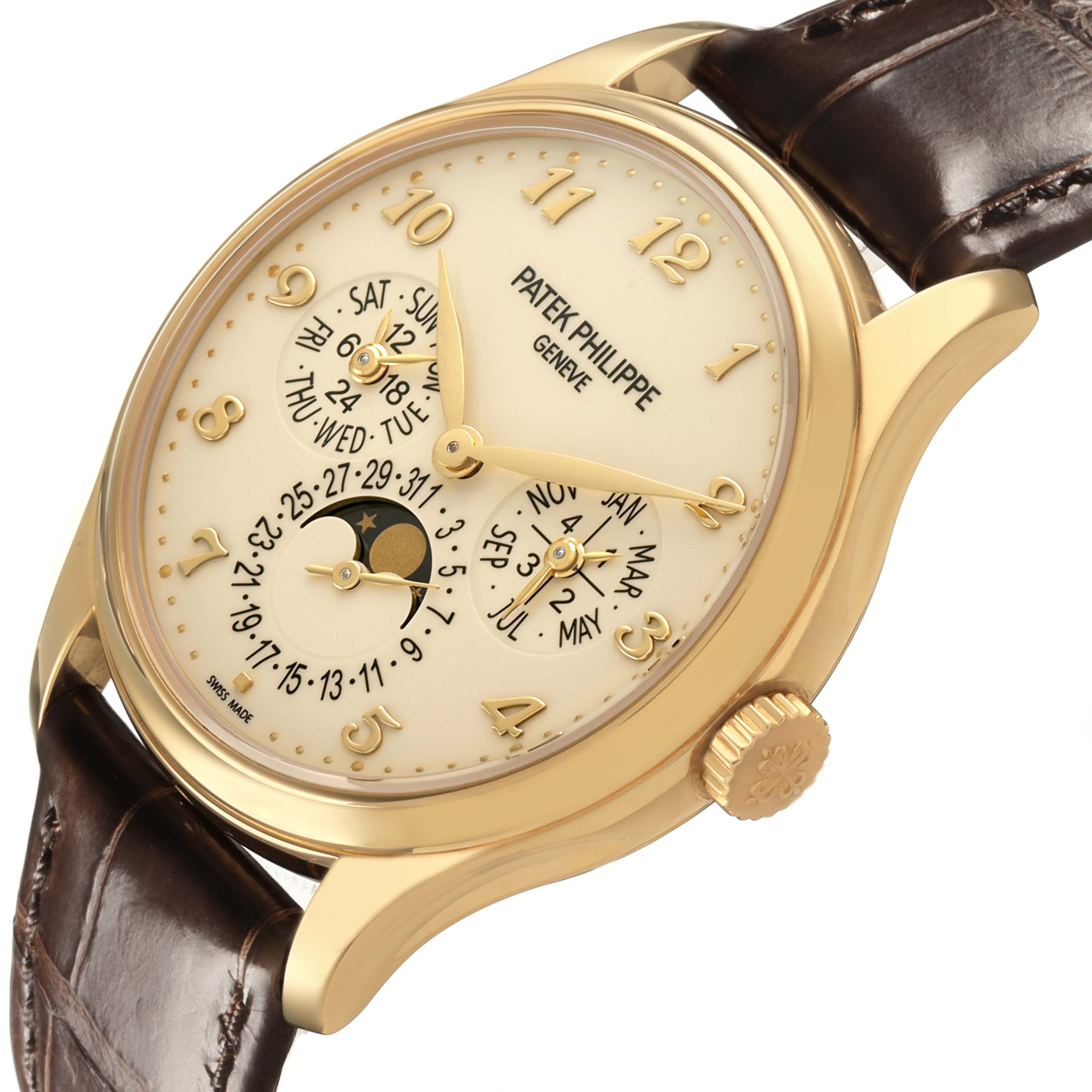 The Patek Philippe Complications 5327J-001 Men's Yellow Gold Beige Dial watch is shown from a side angle, highlighting the dial, case, leather strap, and crown.