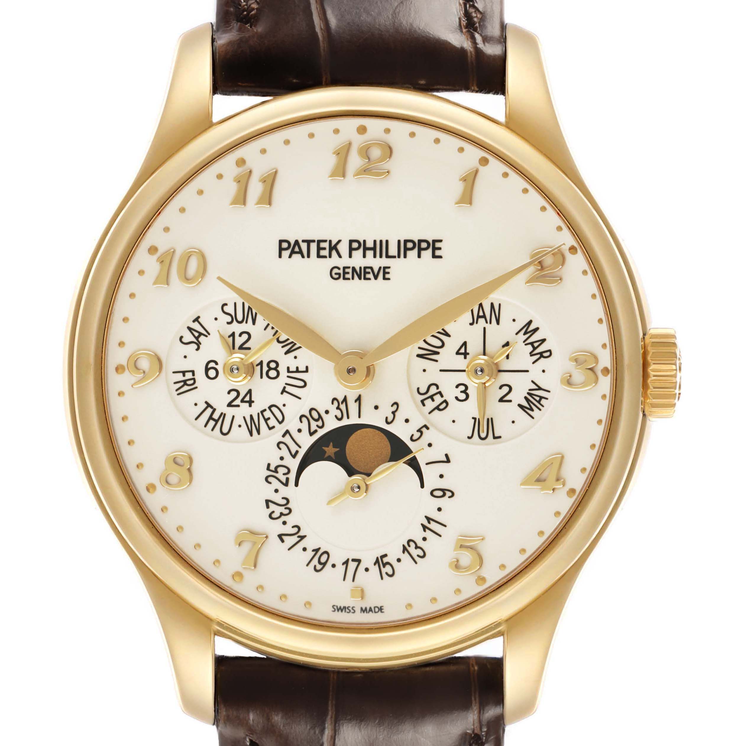 The Patek Philippe Complications 5327J-001 Men's Yellow Gold Beige Dial watch is shown from a front angle, highlighting its dial, subdials, and moon phase indicator.