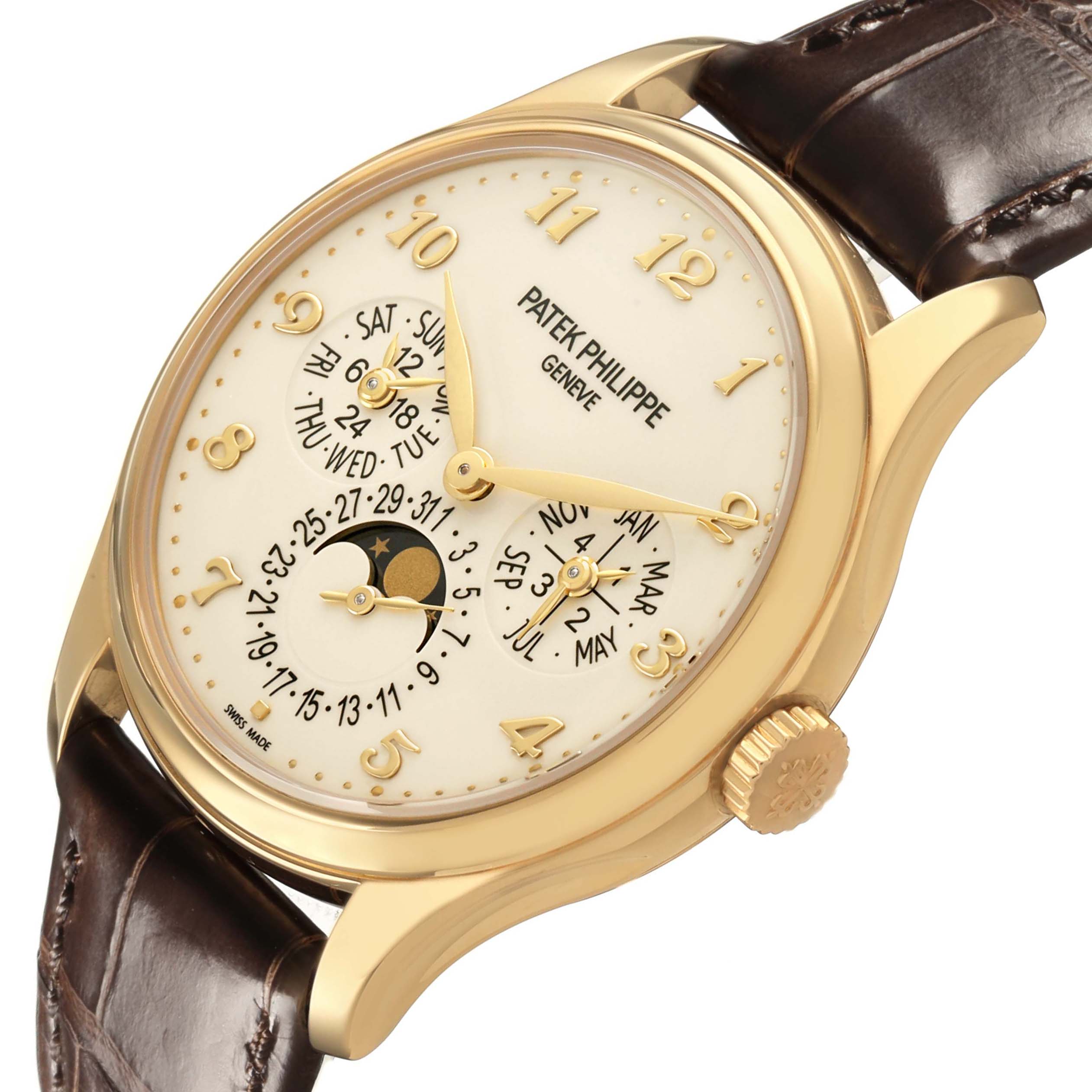 The Patek Philippe Complications 5327J-001 Men's Yellow Gold Beige Dial watch is shown at an angled view, displaying the dial, gold case, and leather strap.
