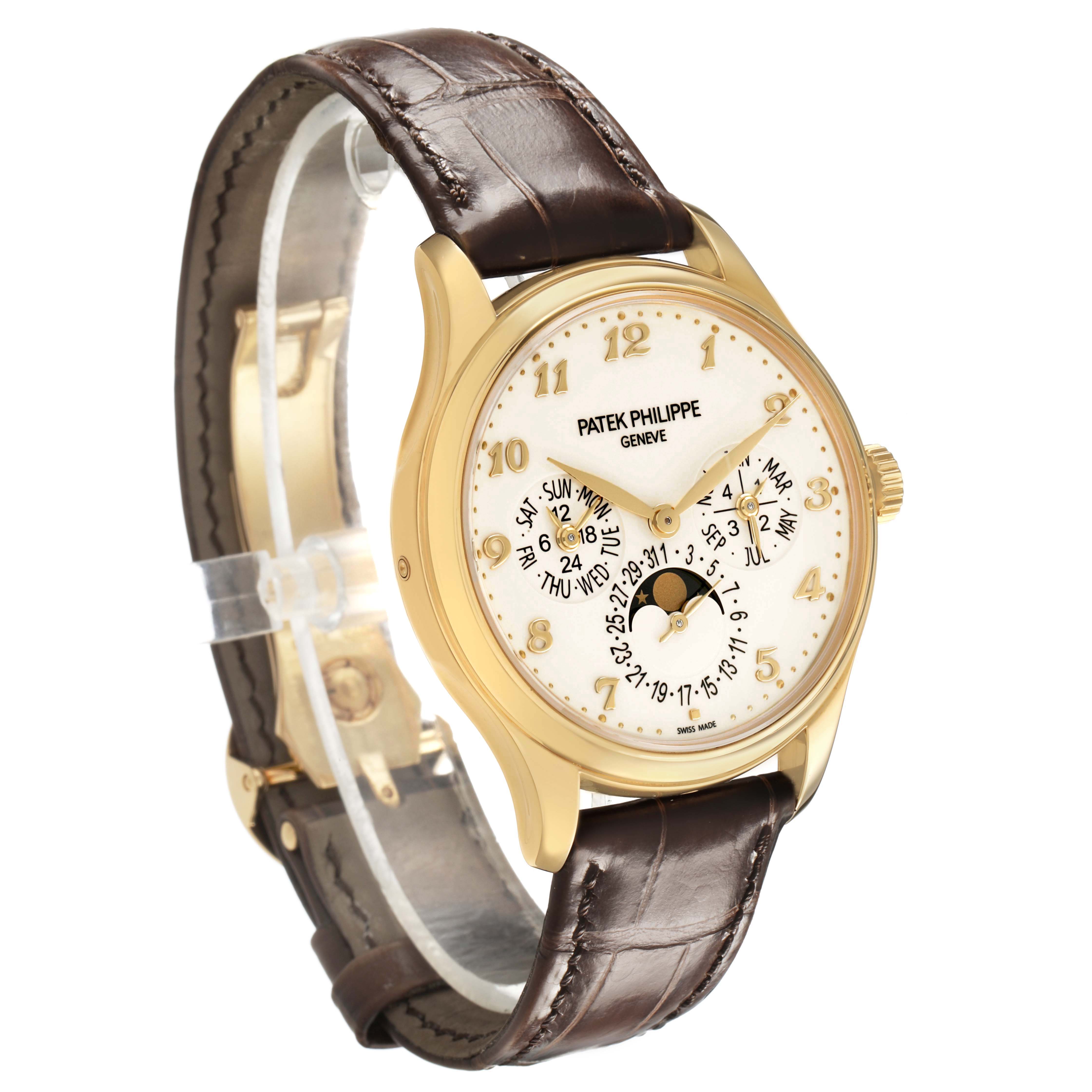 The Patek Philippe Complications 5327J-001 Men's Yellow Gold Beige Dial watch is shown from a side angle, highlighting the face, strap, and case details.