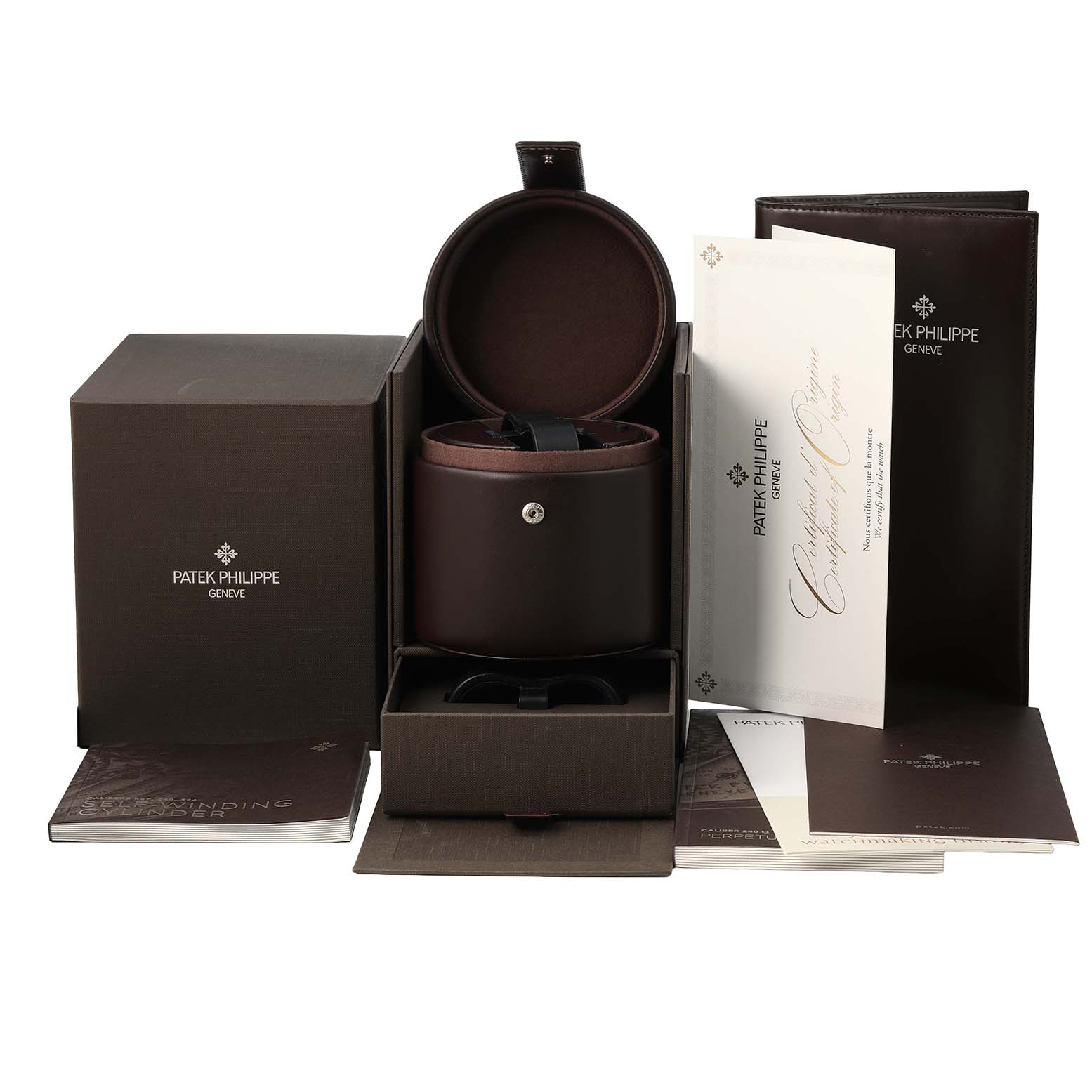 The image shows a Patek Philippe Complications 5327J-001 Men's Yellow Gold Beige Dial model watch package, including the watch box, case, and accompanying documents.