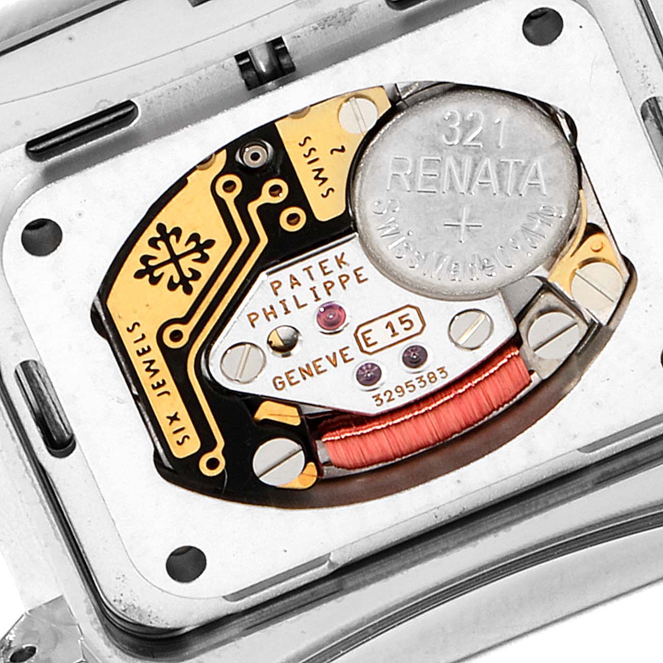 This is a close-up view of the internal movement and components of a Patek Philippe Twenty-4 4910/10A-010 Women's Stainless Steel Grey Dial 4910/10A-010 Women's Stainless Steel Grey Dial watch.