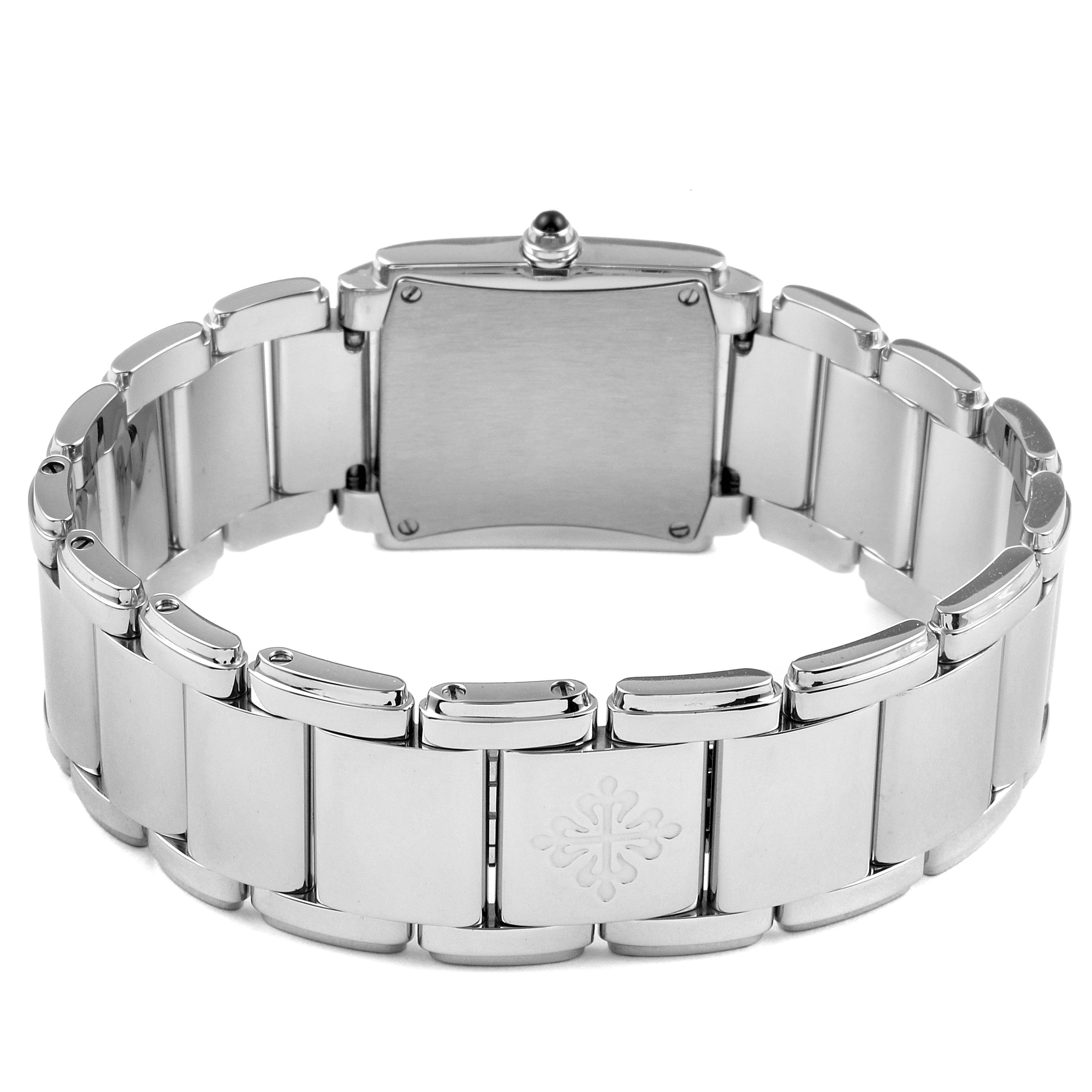This image shows the back view of the Patek Philippe Twenty-4 4910/10A-010 Women's Stainless Steel Grey Dial 4910/10A-010 Women's Stainless Steel Grey Dial model watch, focusing on the bracelet and clasp.