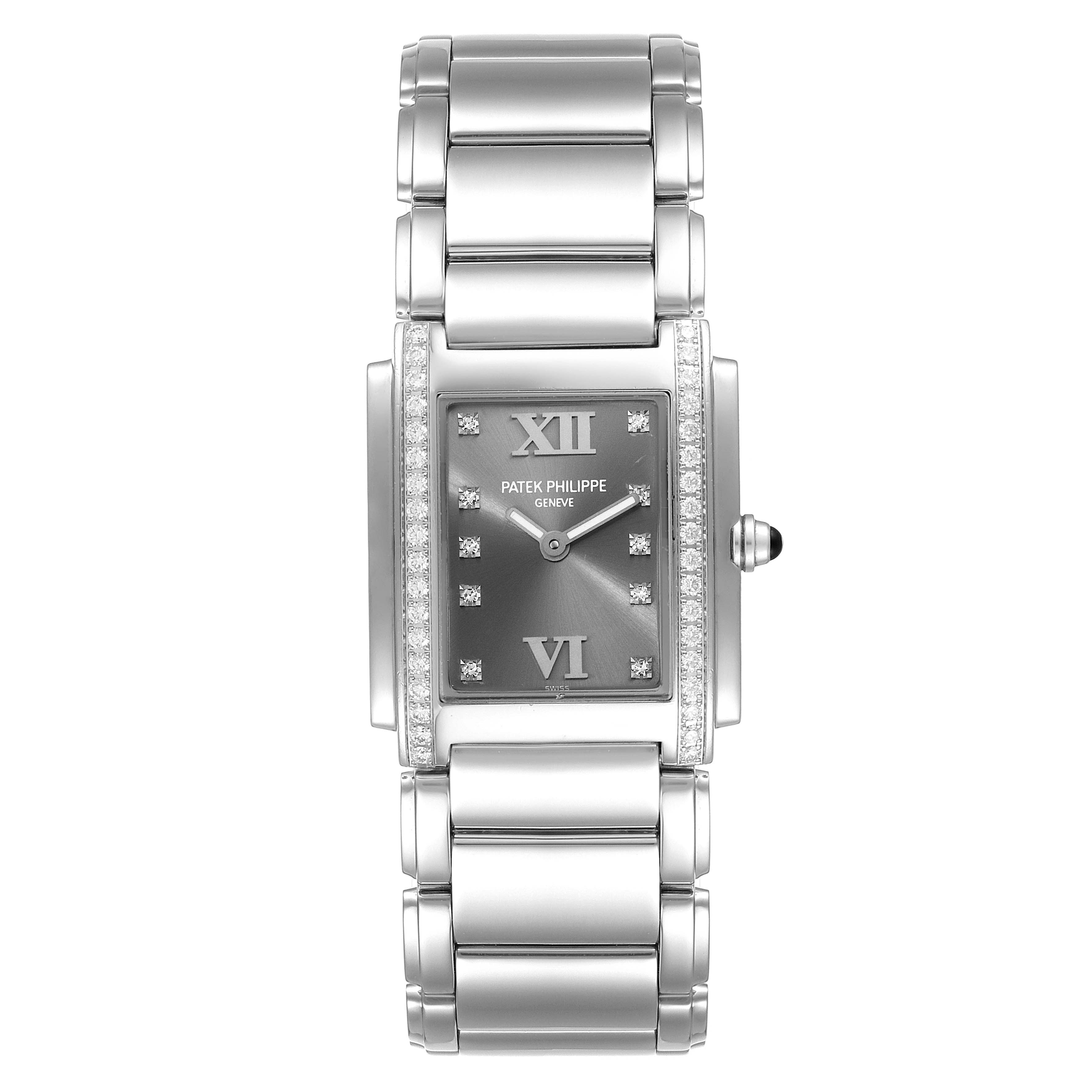 The image shows a top-down view of the Patek Philippe Twenty-4 4910/10A-010 Women's Stainless Steel Grey Dial 4910/10A-010 Women's Stainless Steel Grey Dial watch, highlighting the face, bezel, and bracelet.