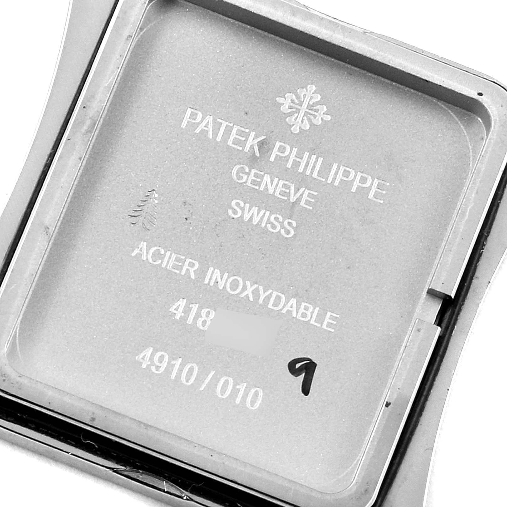 The image shows the back case of a Patek Philippe Twenty-4 4910/10A-010 Women's Stainless Steel Grey Dial 4910/10A-010 Women's Stainless Steel Grey Dial model watch.