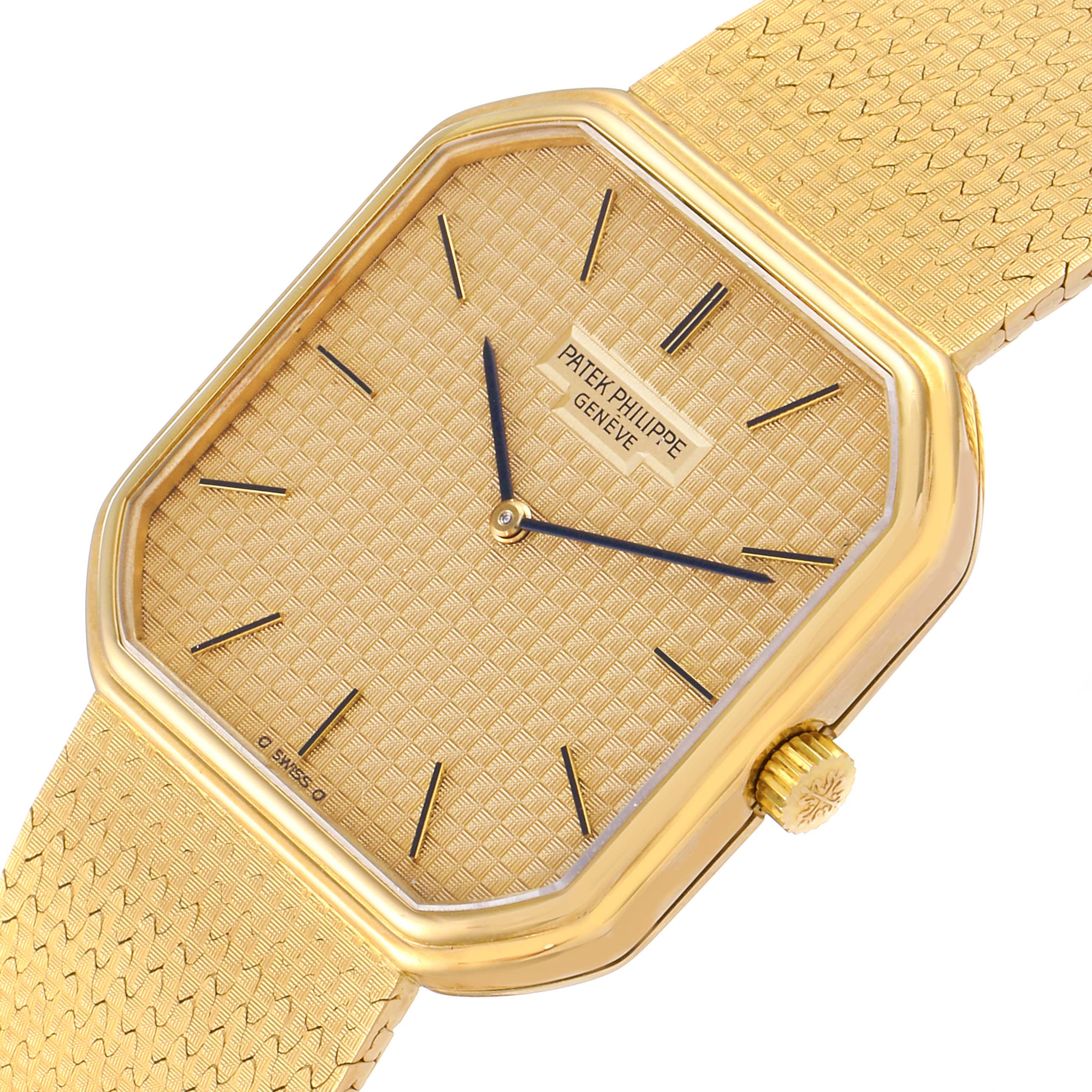 The image shows a close-up view of the face and crown of a Patek Philippe Vintage 3854/3 Men's Yellow Gold Champagne Dial 3854/3 Men's Yellow Gold Champagne Dial watch with a gold textured dial and bracelet.