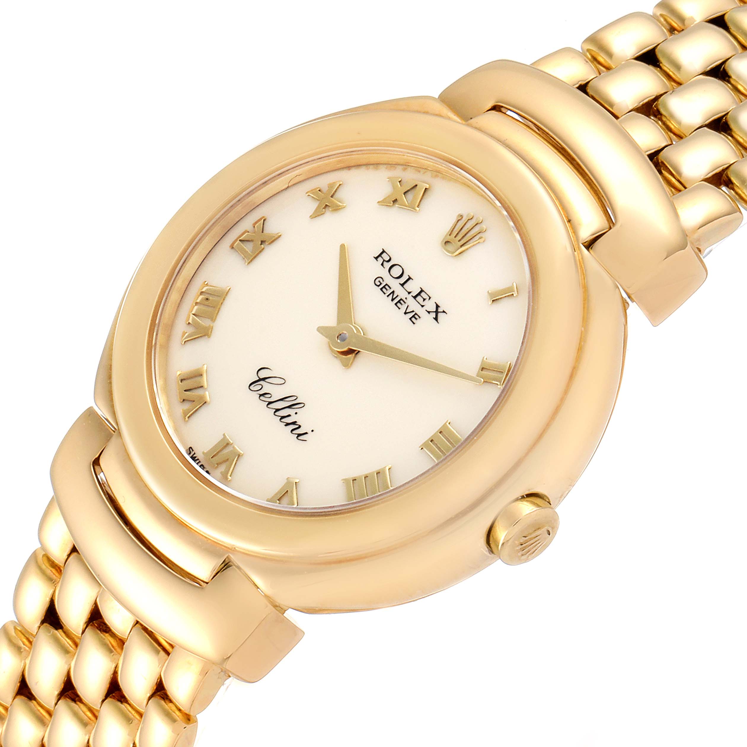 This image shows a close-up of the Rolex Cellini 6621 Women's Yellow Gold Beige Dial 6621 Women's Yellow Gold Beige Dial watch face and part of the gold bracelet band at an angle.