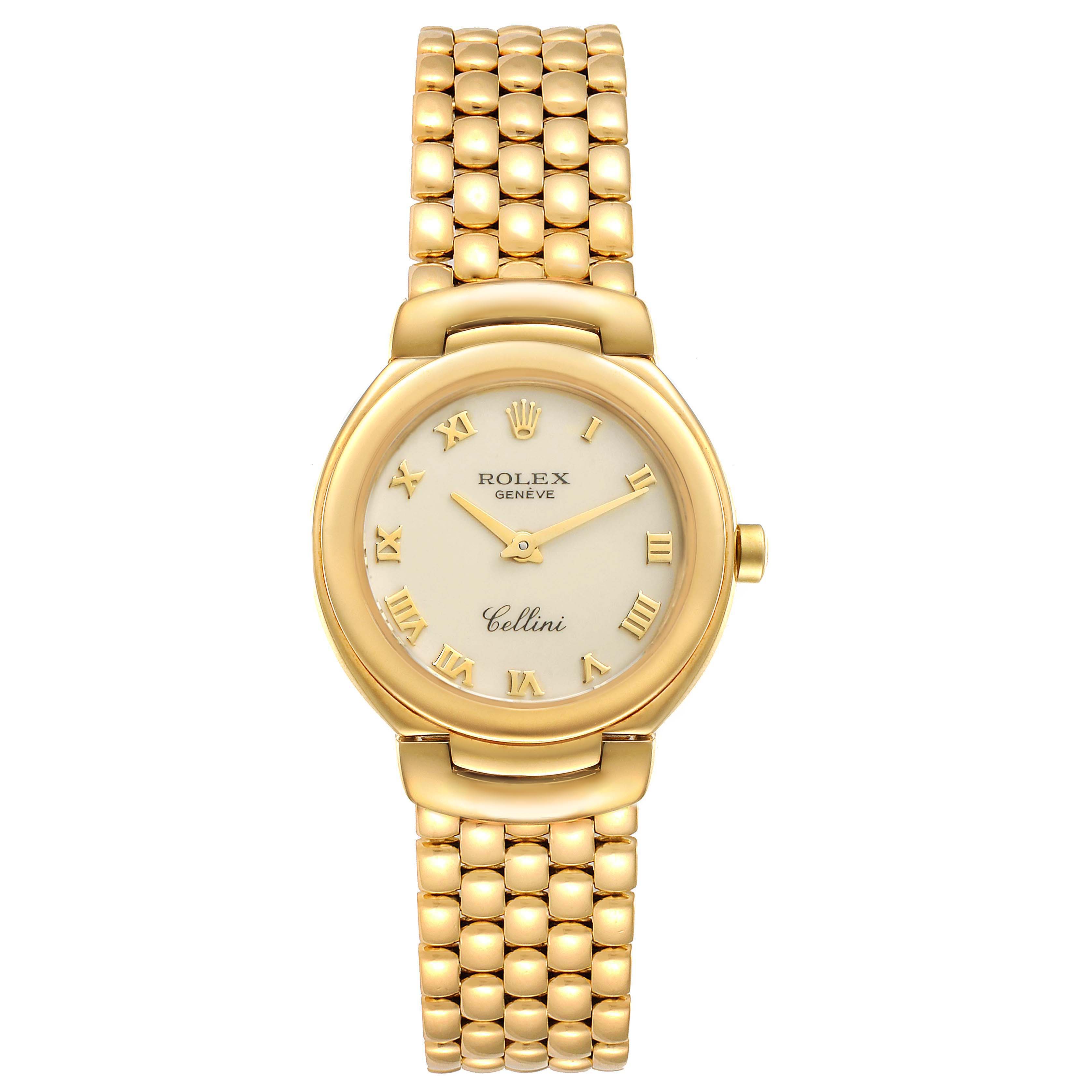 This Rolex Cellini 6621 Women's Yellow Gold Beige Dial 6621 Women's Yellow Gold Beige Dial watch is shown from a front, top-down angle, displaying its watch face, bracelet, and crown.