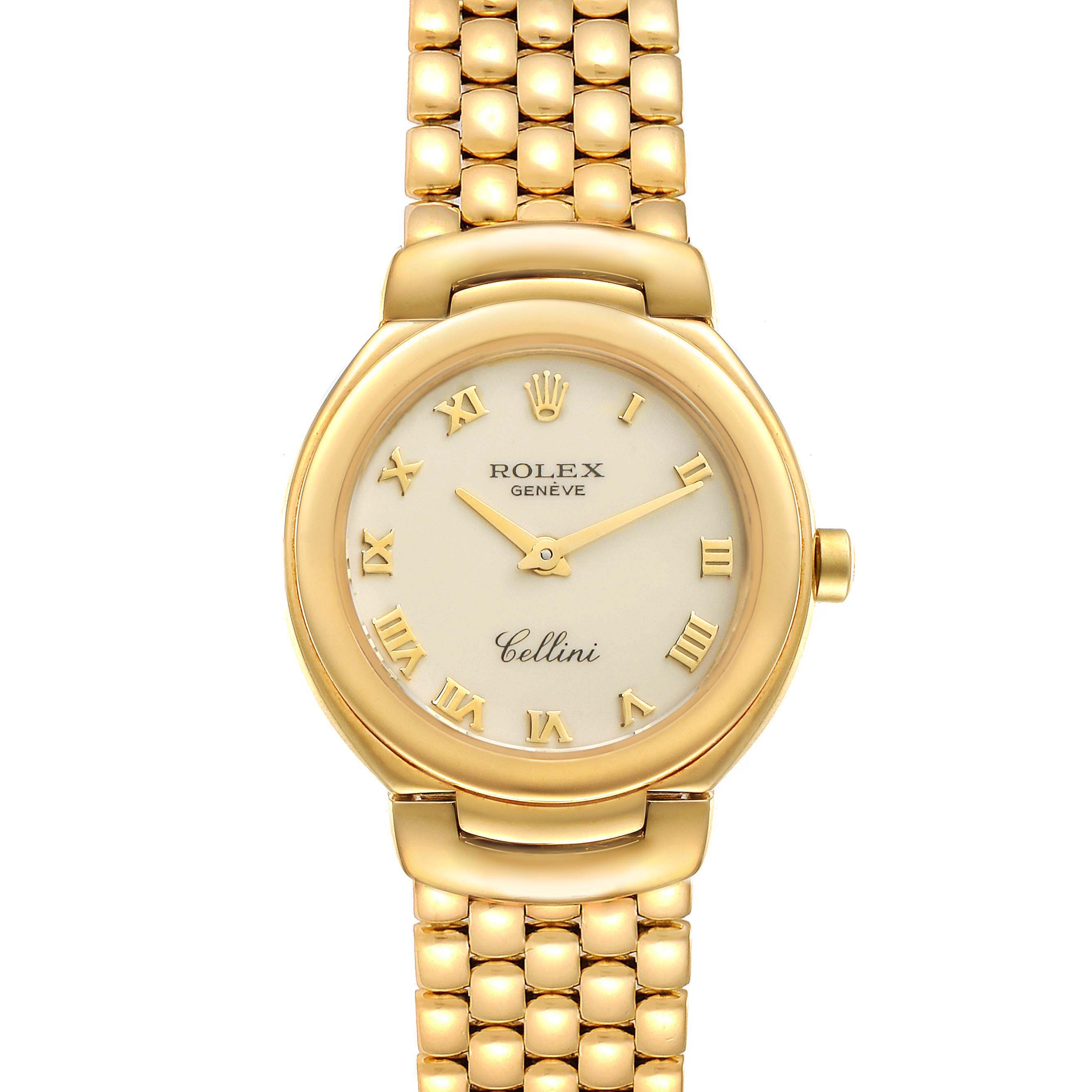 The image shows a front view of the Rolex Cellini 6621 Women's Yellow Gold Beige Dial 6621 Women's Yellow Gold Beige Dial watch, displaying its face, Roman numeral markers, and gold bracelet.