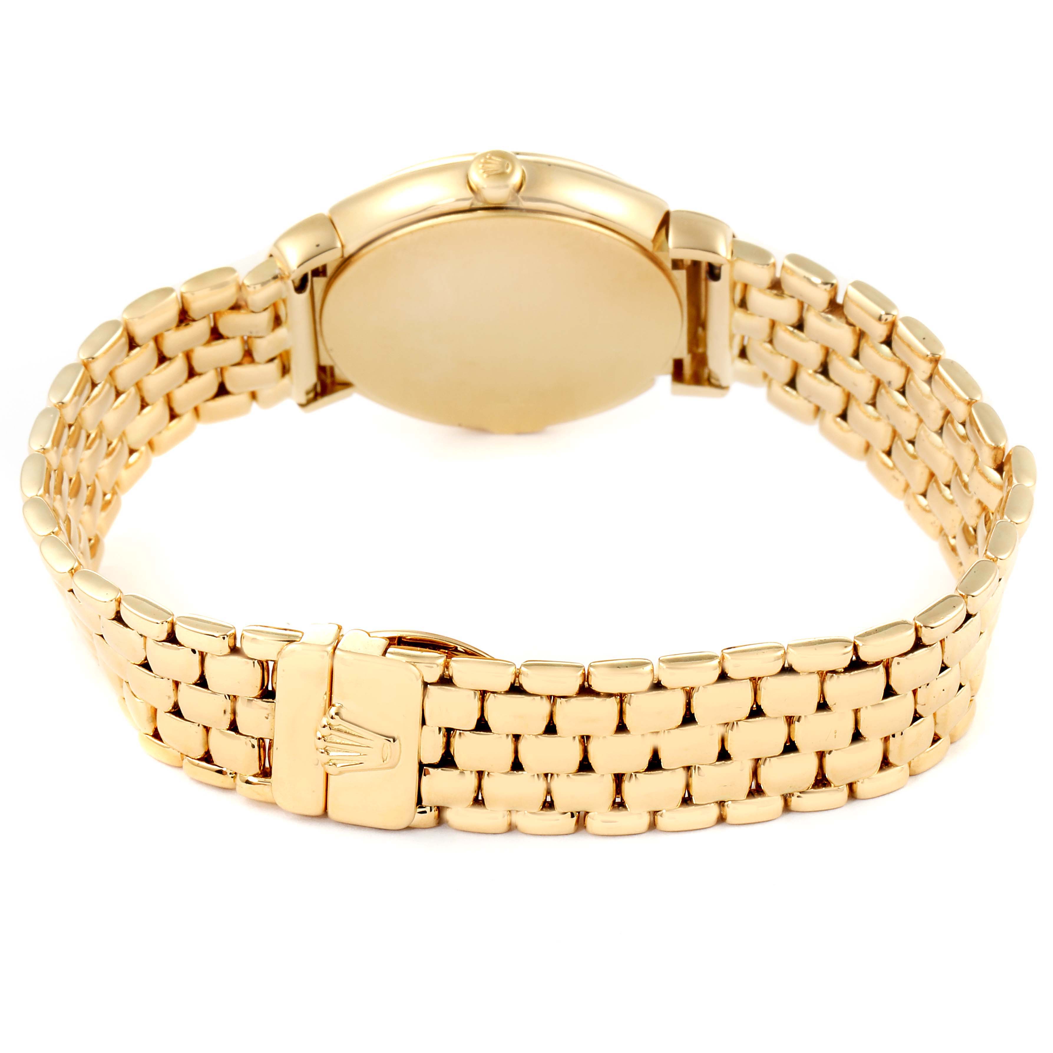 This image shows the back view of a Rolex Cellini 6621 Women's Yellow Gold Beige Dial 6621 Women's Yellow Gold Beige Dial watch, highlighting the clasp and bracelet.