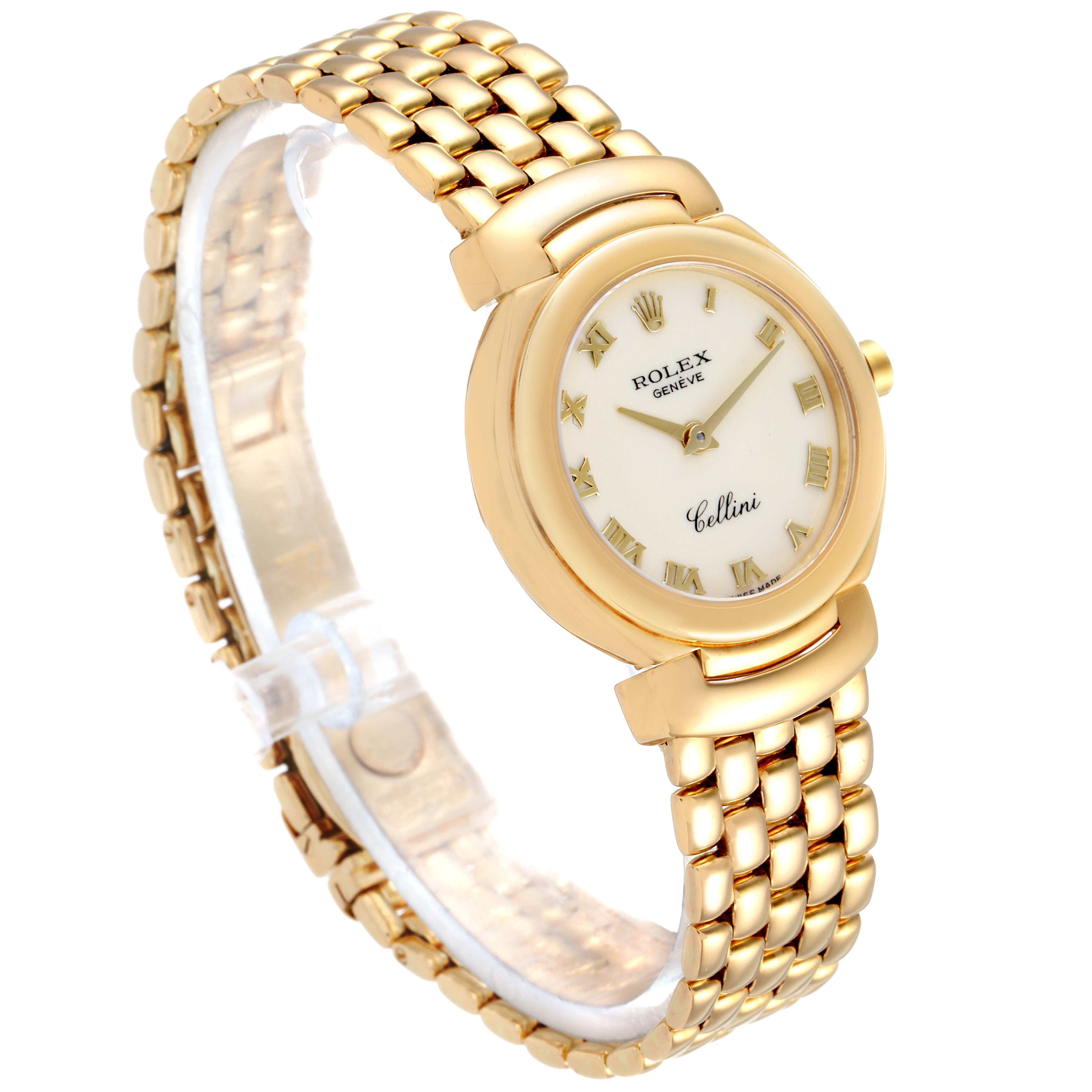 The image shows a Rolex Cellini 6621 Women's Yellow Gold Beige Dial 6621 Women's Yellow Gold Beige Dial watch at a side angle, highlighting the gold bracelet, dial, and face features.