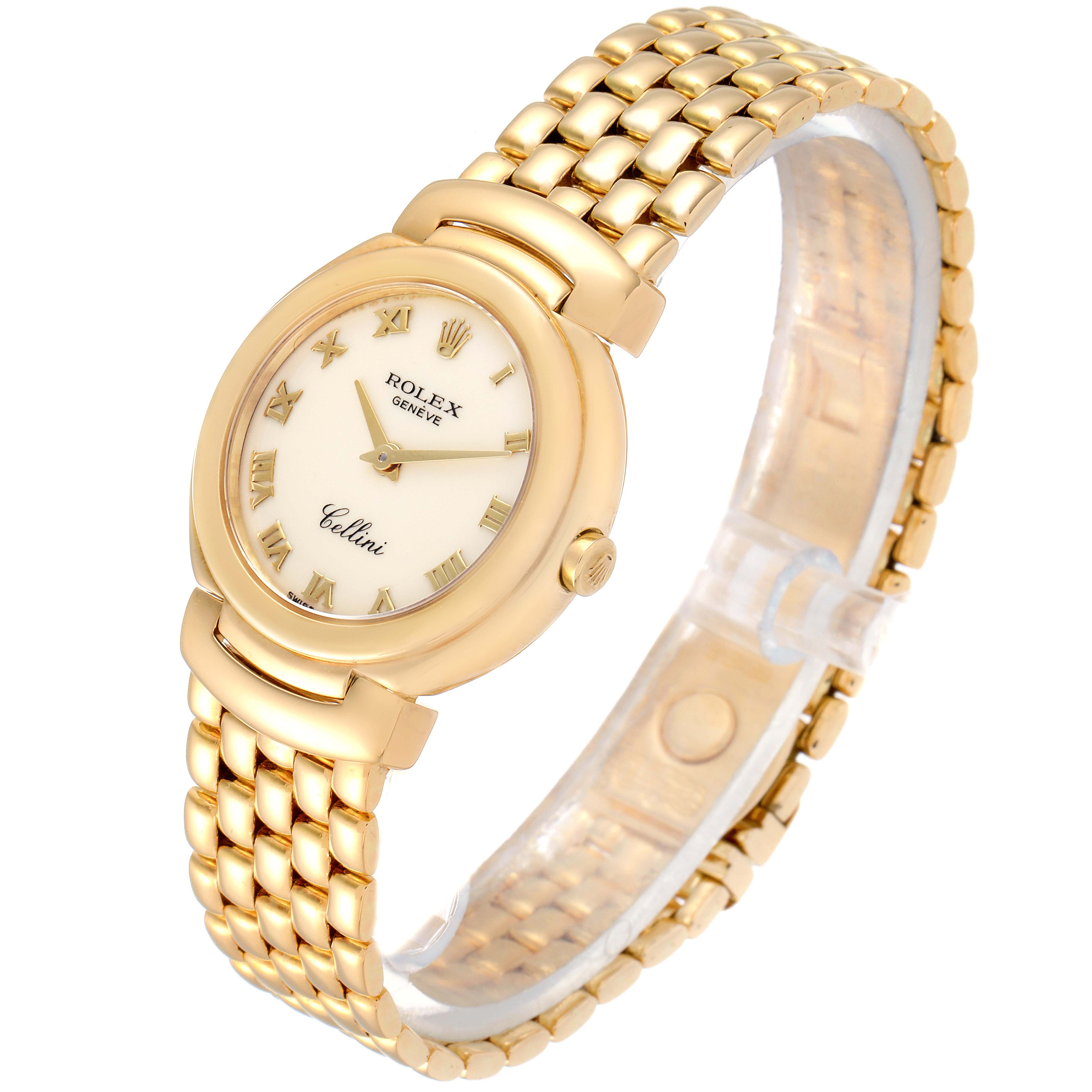 This image shows a Rolex Cellini 6621 Women's Yellow Gold Beige Dial 6621 Women's Yellow Gold Beige Dial watch at an angled view, highlighting the face, bezel, links, and a portion of the bracelet.