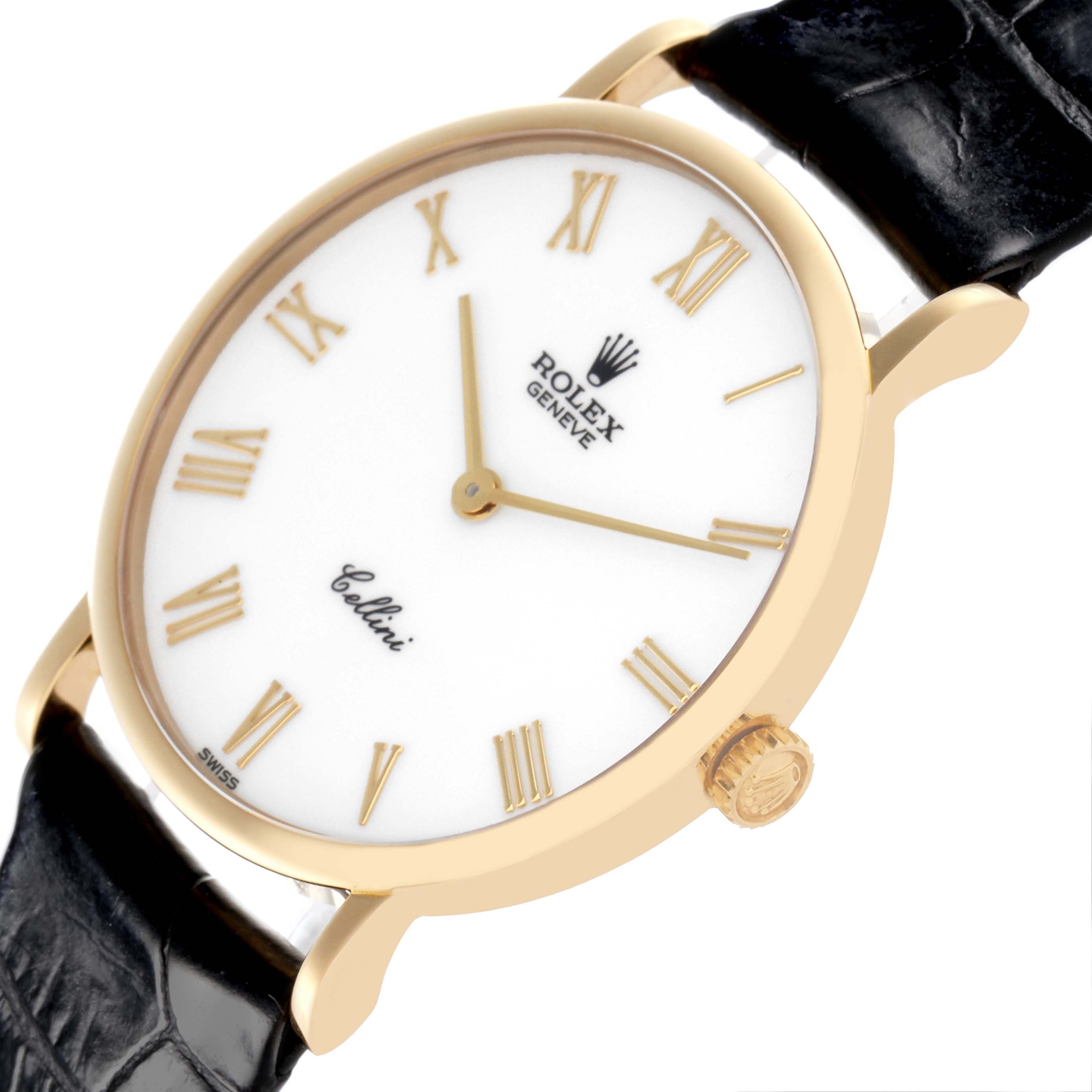 The Rolex Cellini 5112 Men's Yellow Gold White Dial 5112 Men's Yellow Gold White Dial watch is shown from a slightly tilted angle, highlighting the dial, case, crown, and black leather strap.
