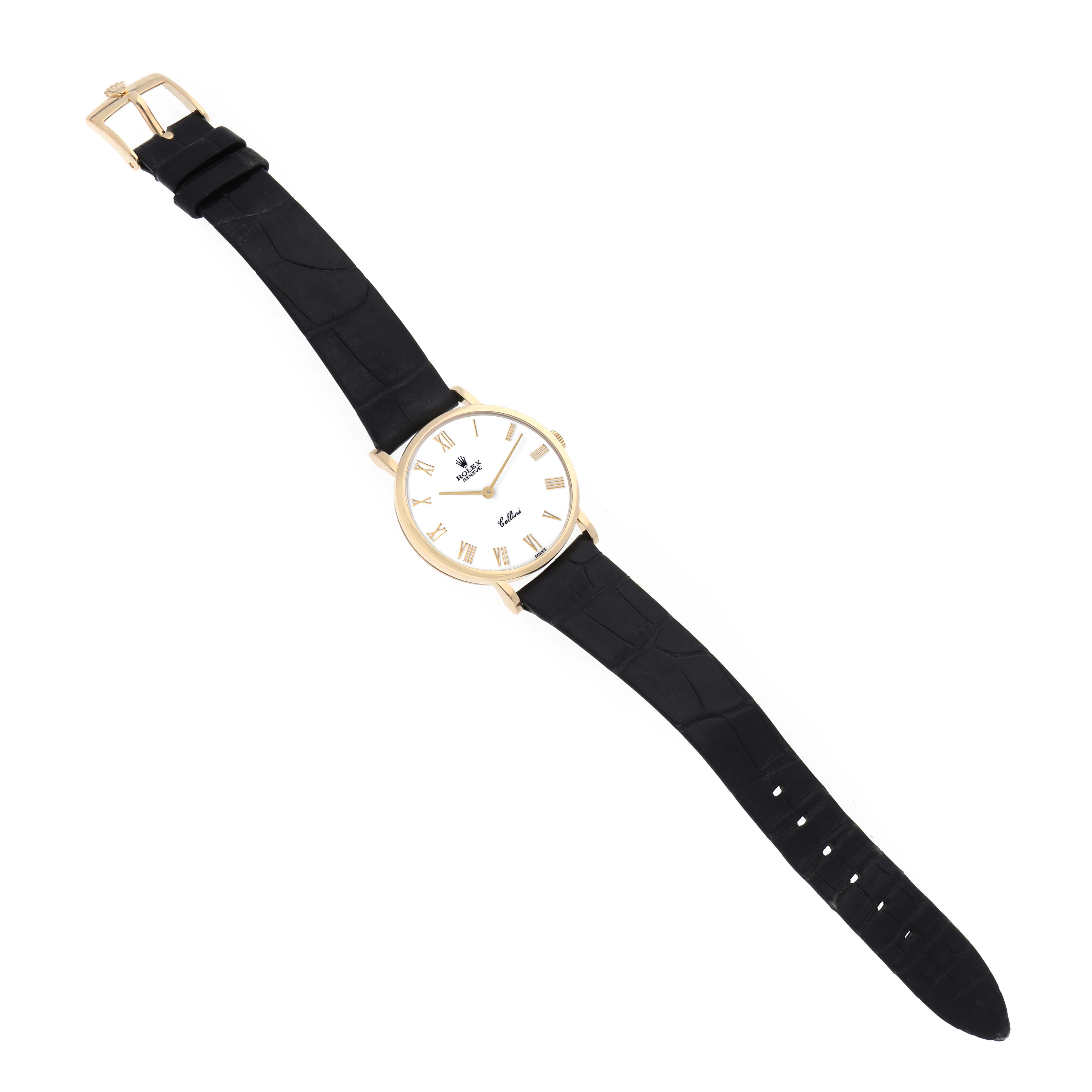 The Rolex Cellini 5112 Men's Yellow Gold White Dial 5112 Men's Yellow Gold White Dial watch is shown from a top-down angle, displaying its face, strap, and buckle fully extended.