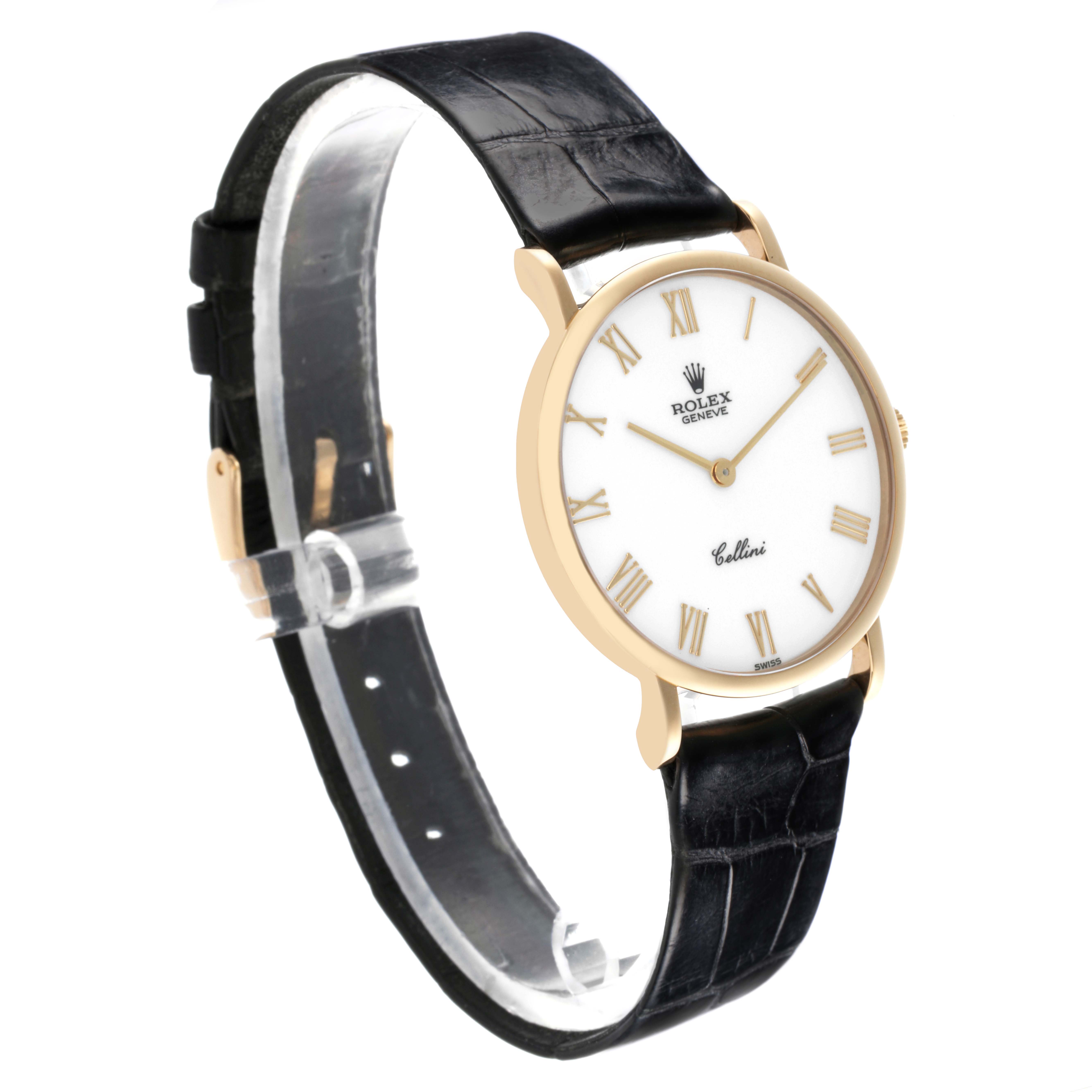 The Rolex Cellini 5112 Men's Yellow Gold White Dial 5112 Men's Yellow Gold White Dial watch is shown at a three-quarter angle, displaying its face, case, and leather strap.