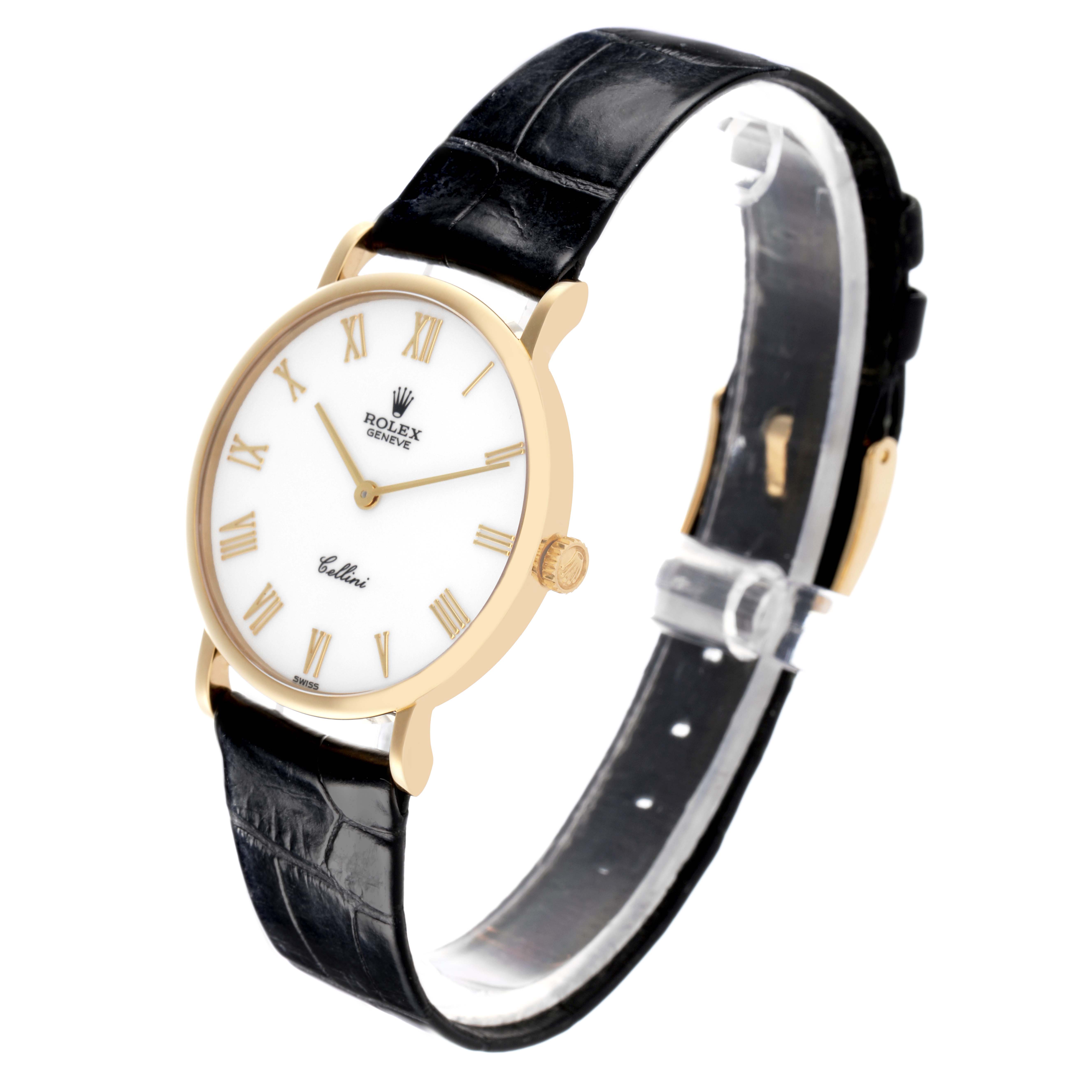 The Rolex Cellini 5112 Men's Yellow Gold White Dial 5112 Men's Yellow Gold White Dial watch is shown at an angled side view, displaying the face, strap, and crown.