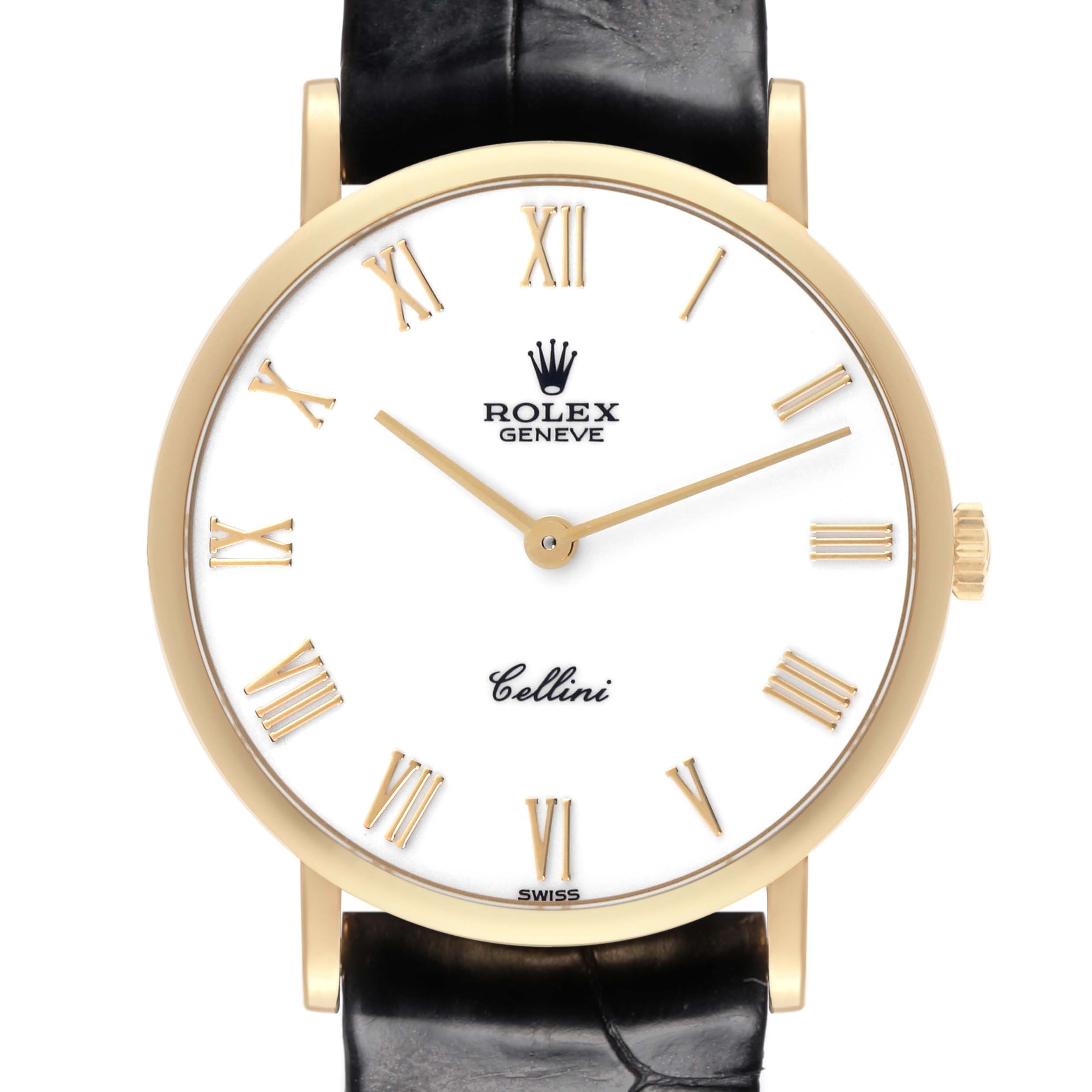 The Rolex Cellini 5112 Men's Yellow Gold White Dial 5112 Men's Yellow Gold White Dial watch is shown from the front, displaying its dial, gold hands, Roman numerals, and a black leather strap.