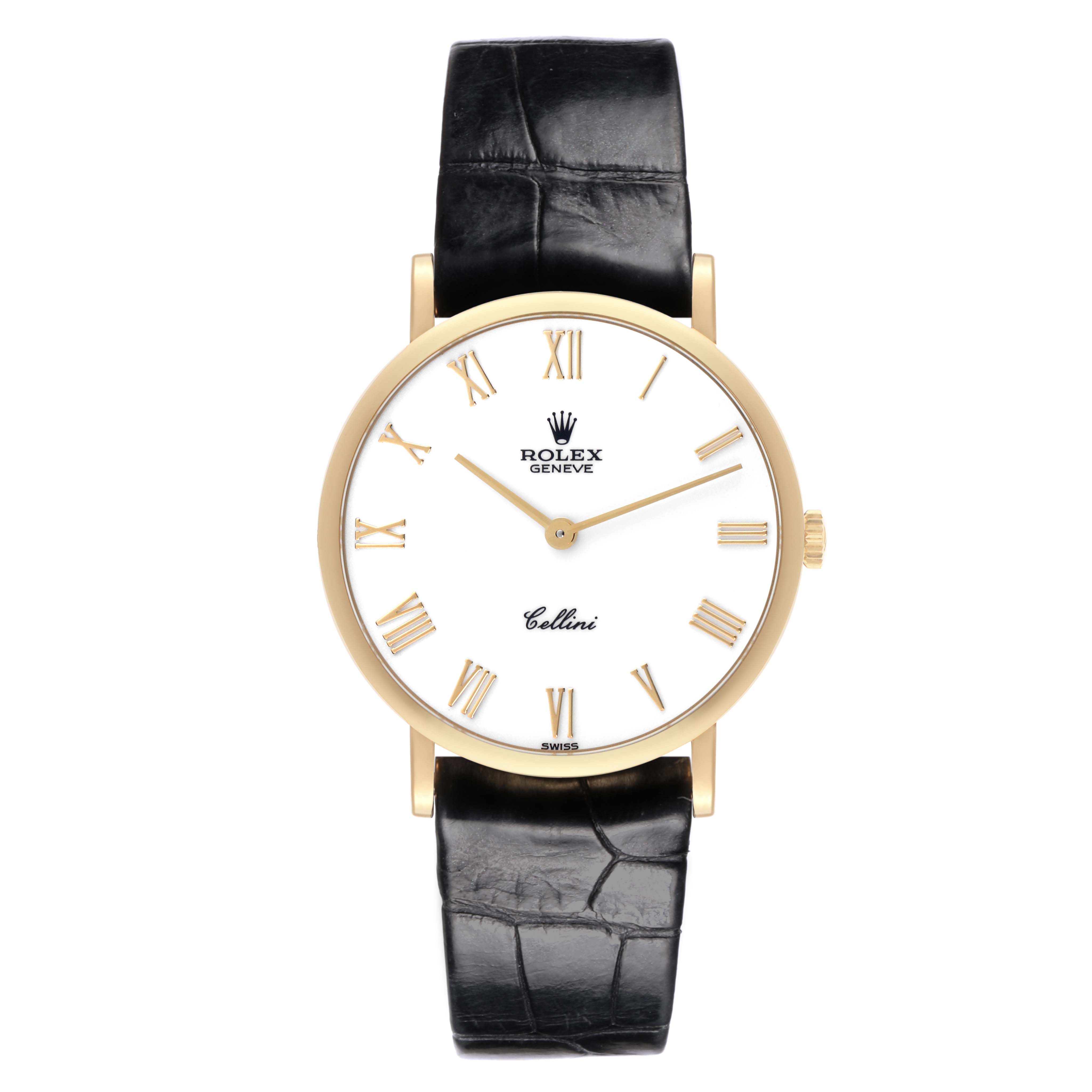 The Rolex Cellini 5112 Men's Yellow Gold White Dial 5112 Men's Yellow Gold White Dial watch is shown from a top-down angle, displaying the face, hands, Roman numerals, case, crown, and leather strap.
