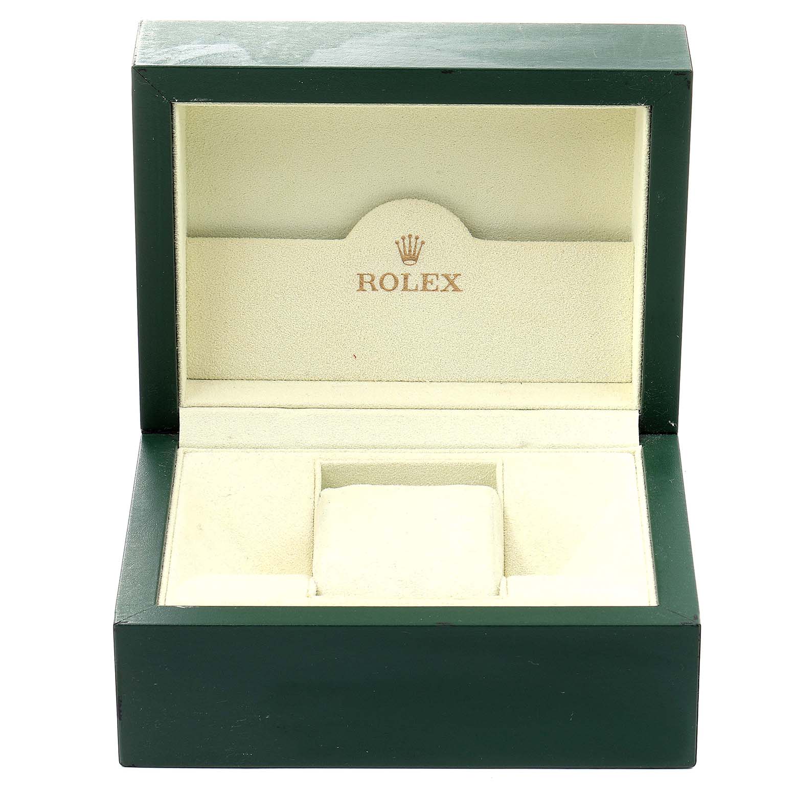 This image shows an open Rolex Cellini 5441 Men's White Gold Silver Dial 5441 Men's White Gold Silver Dial watch box with an empty interior compartment.