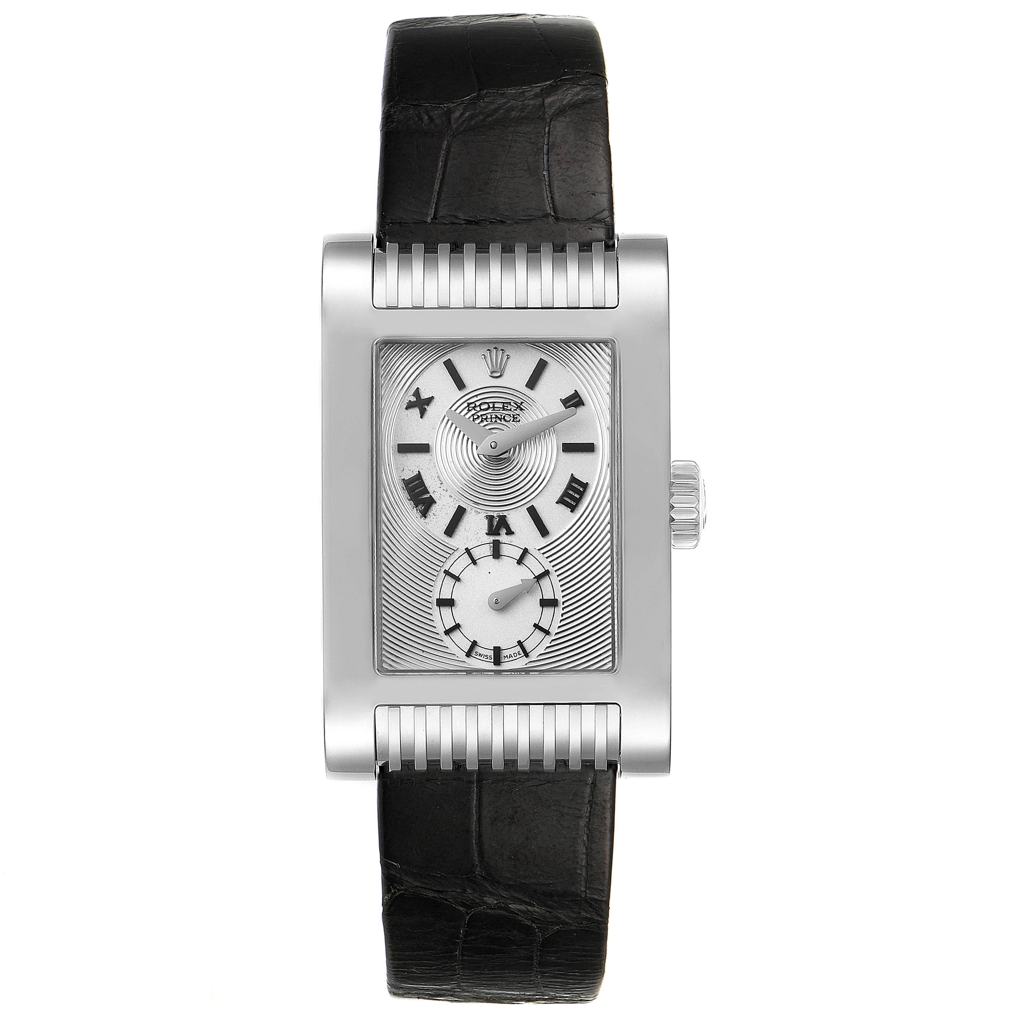 The image shows a front view of a Rolex Cellini 5441 Men's White Gold Silver Dial 5441 Men's White Gold Silver Dial watch with a rectangular dial and black leather strap.