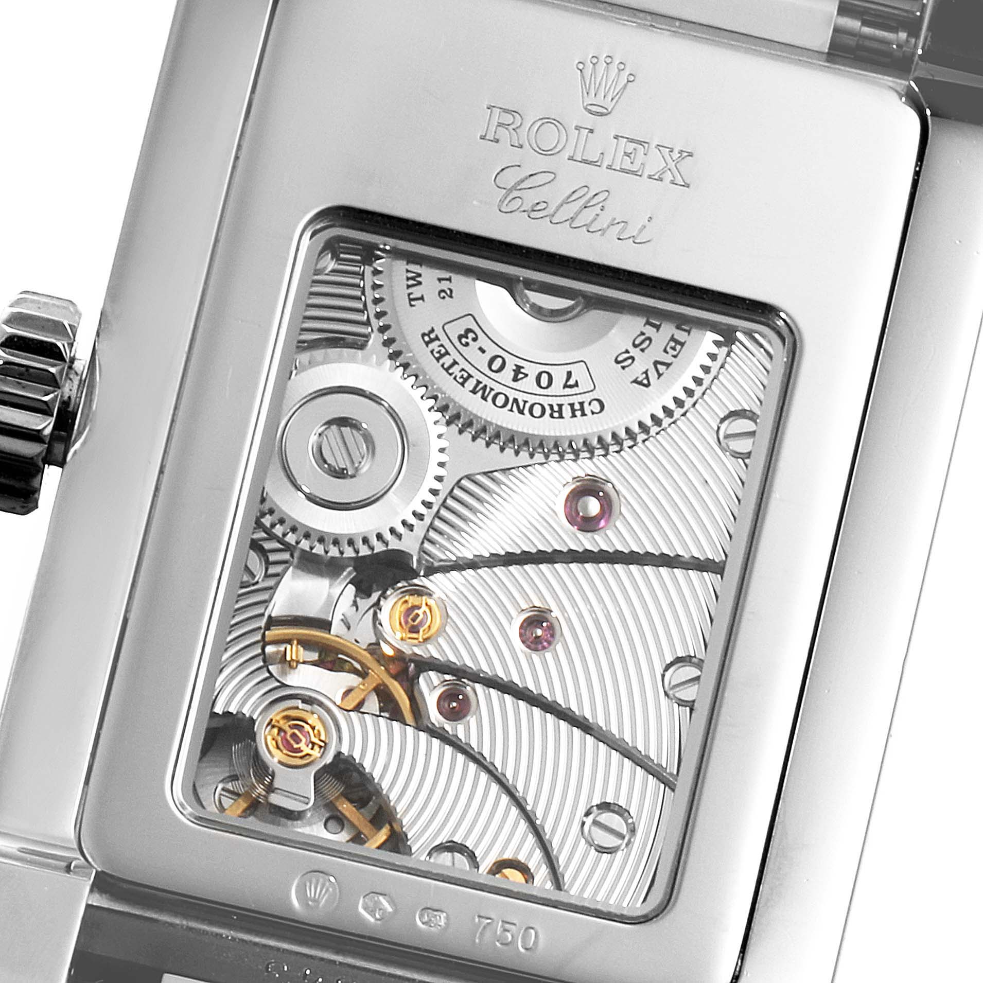 The image shows the back of a Rolex Cellini 5441 Men's White Gold Silver Dial 5441 Men's White Gold Silver Dial watch, focusing on its exposed inner mechanical movement.
