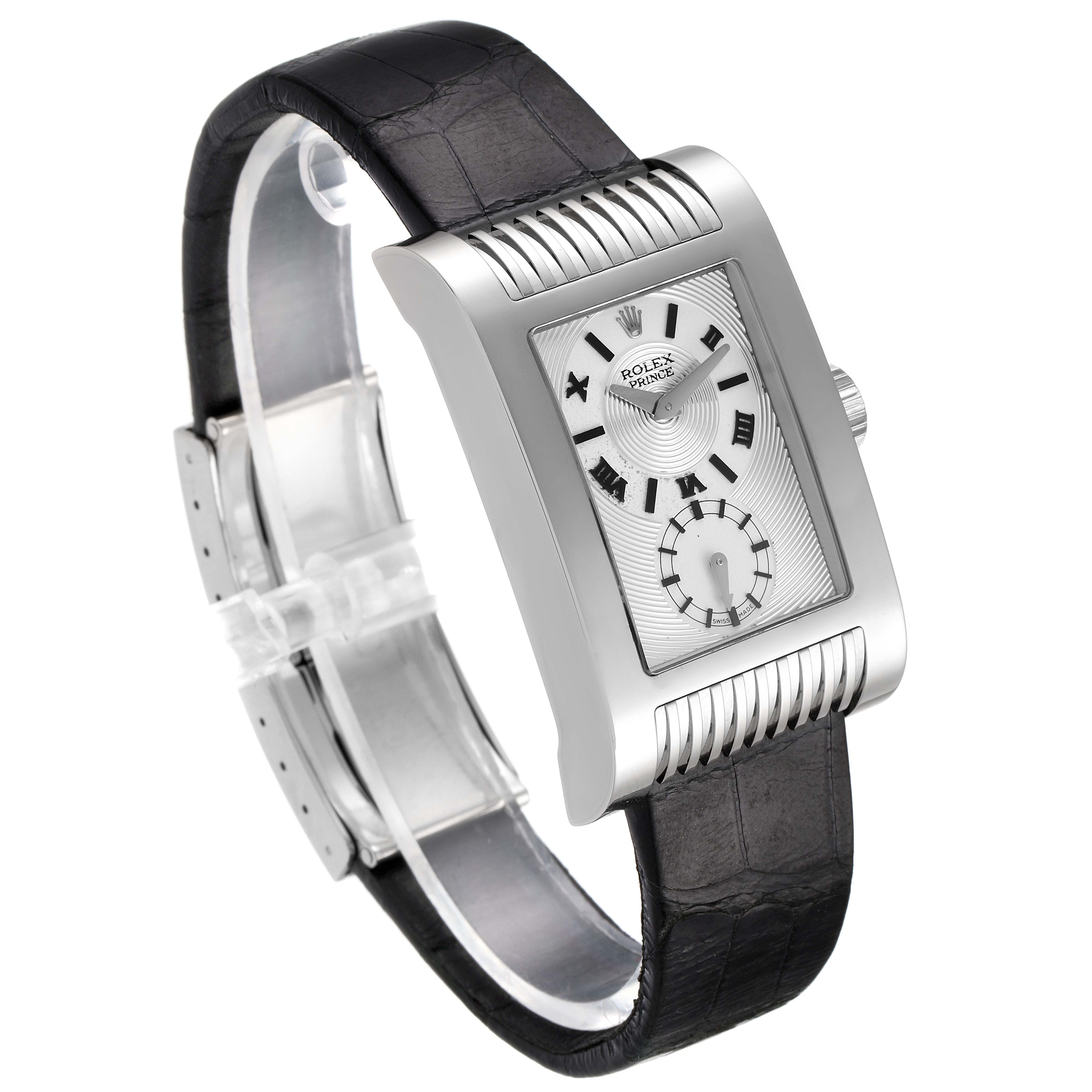 The image shows a Rolex Cellini 5441 Men's White Gold Silver Dial 5441 Men's White Gold Silver Dial model watch from a front-side angle, highlighting the dial, case, and leather strap.